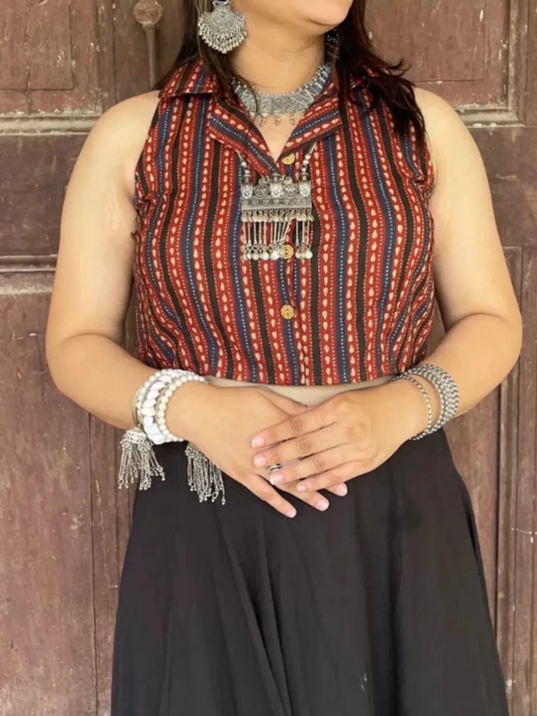Handmade Sleeveless Ajrakh Print Cotton Crop Top, Boho Button Down Top for Women
