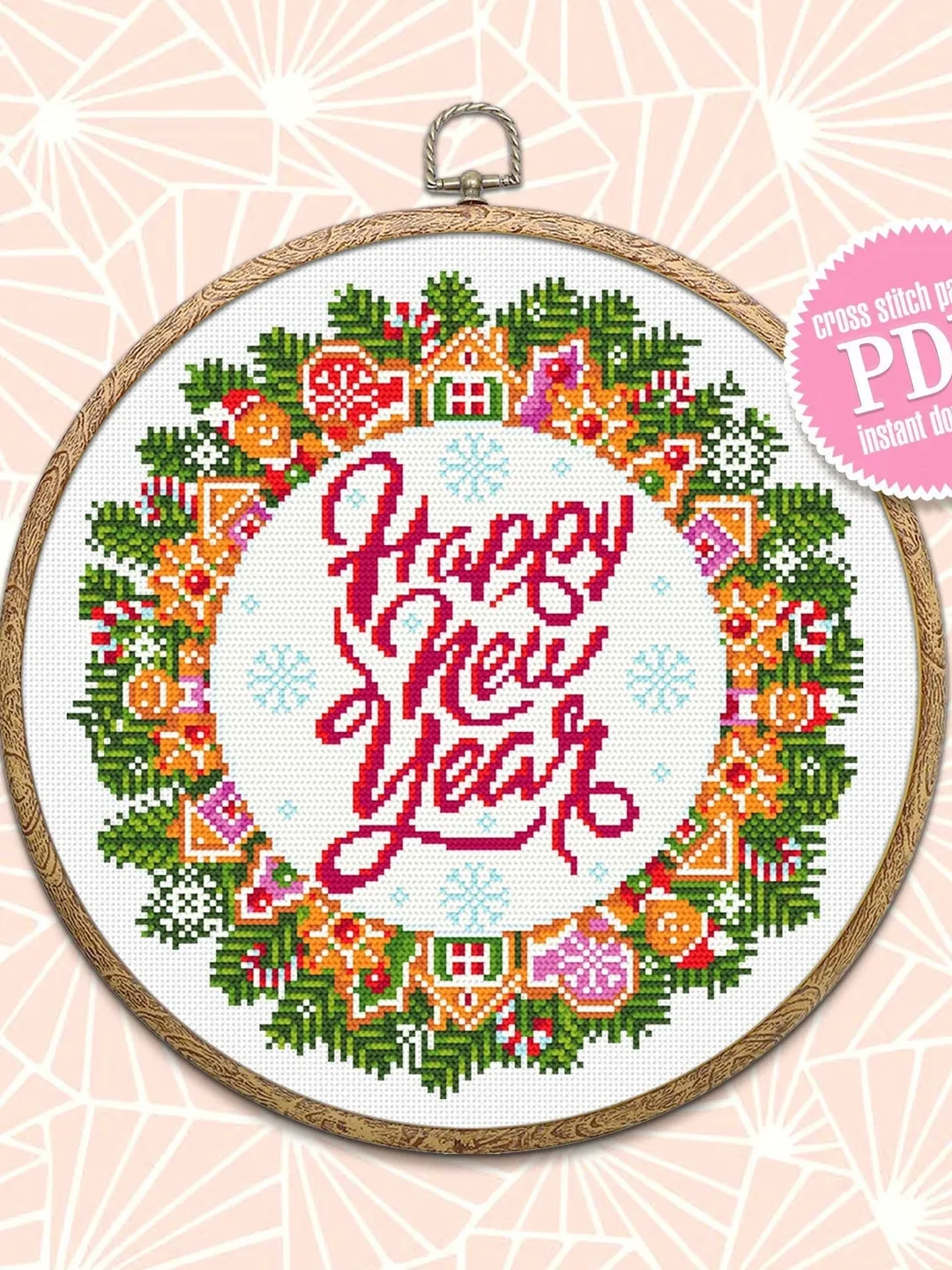 Christmas wreath cross stitch pattern download PDF Winter holiday cross stitch chart Christmas pattern digital Happy new year stitch #N24