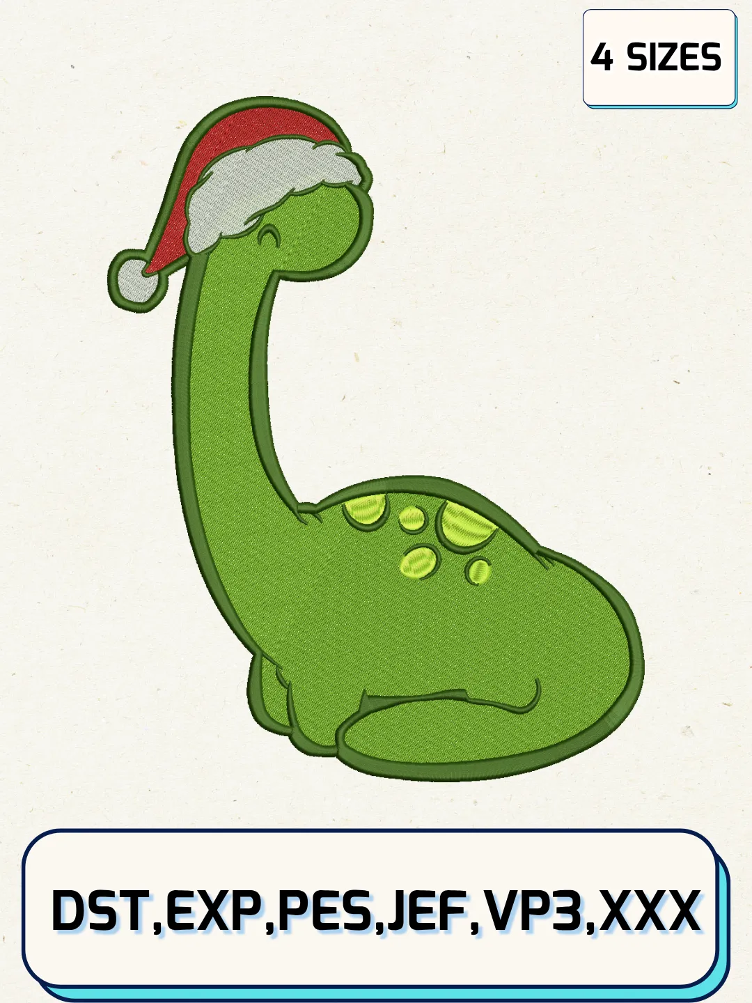 Cute Brontosaurus With Santa Hat Embroidery Designs,Christmas Embroidery Designs,Machine Embroidery Files,4 Sizes