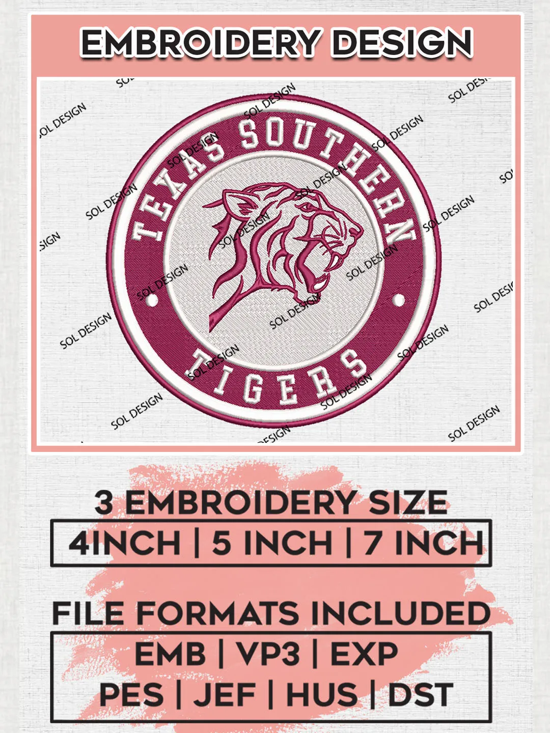 NCAA Texas Southern Tigers Round Logo Embroidery, NCAA Texas Southern Tigers Logo Embroidery files, NCAA Teams, Machine embroidery designs, Digital Download