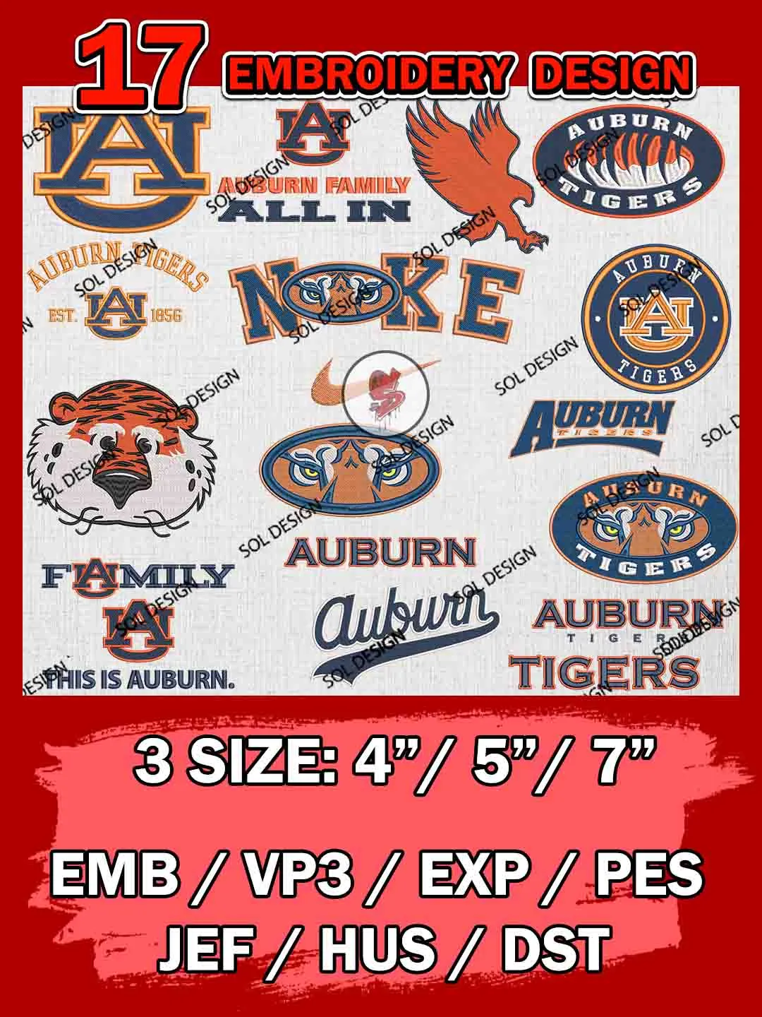 17 NCAA Auburn Tigers Bundle Embroidery Files, NCAA Auburn Tigers Team Bundle Embroidery Designs, NCAA Teams, National College Football Team 3 sizes, NCAA Auburn Machine Embroidery, Digital Download
