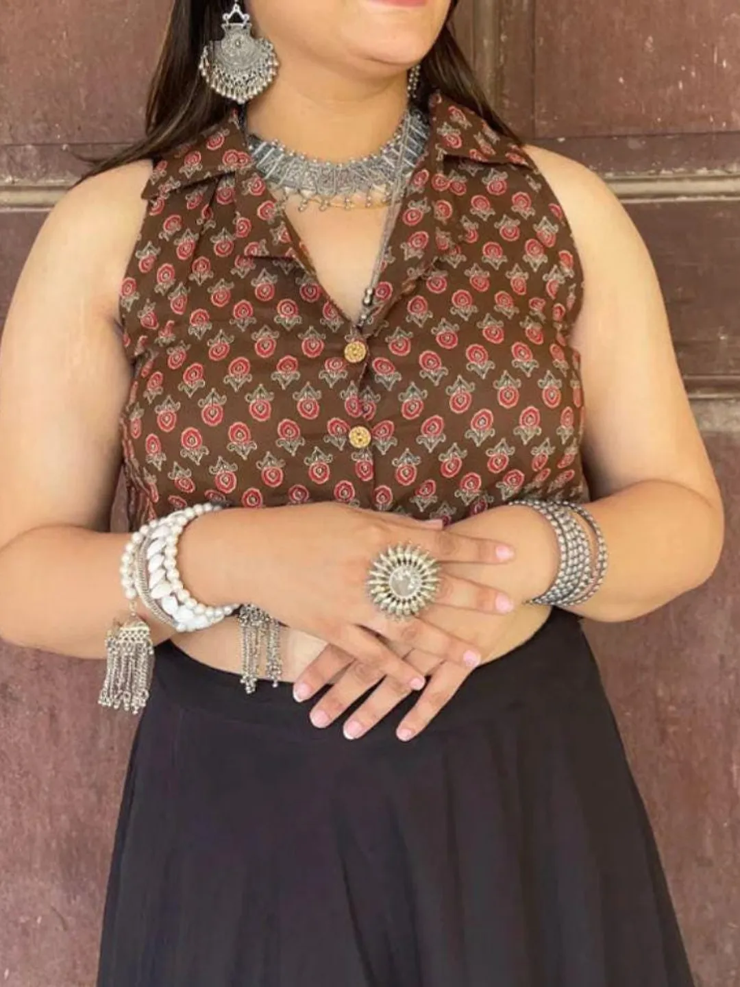 Handmade Brown Floral Cotton Crop Top for Women, Sleeveless Ethnic Boho Top