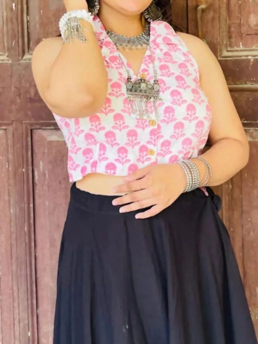 Handmade Pink Block Print Cotton Crop Top for Women, Sleeveless Boho Ethnic Top