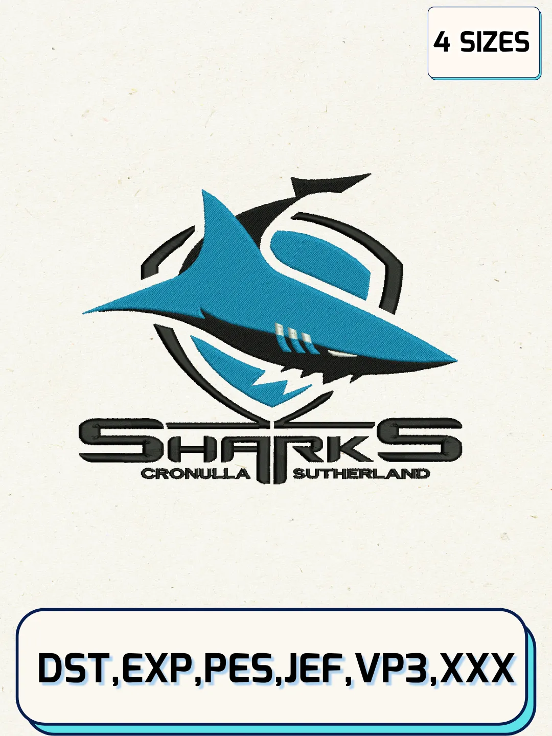 Cronulla Sharks Logos Embroidery Design Files, NRL Logos Embroidery Designs, Machine Embroidery Files, 4 Sizes