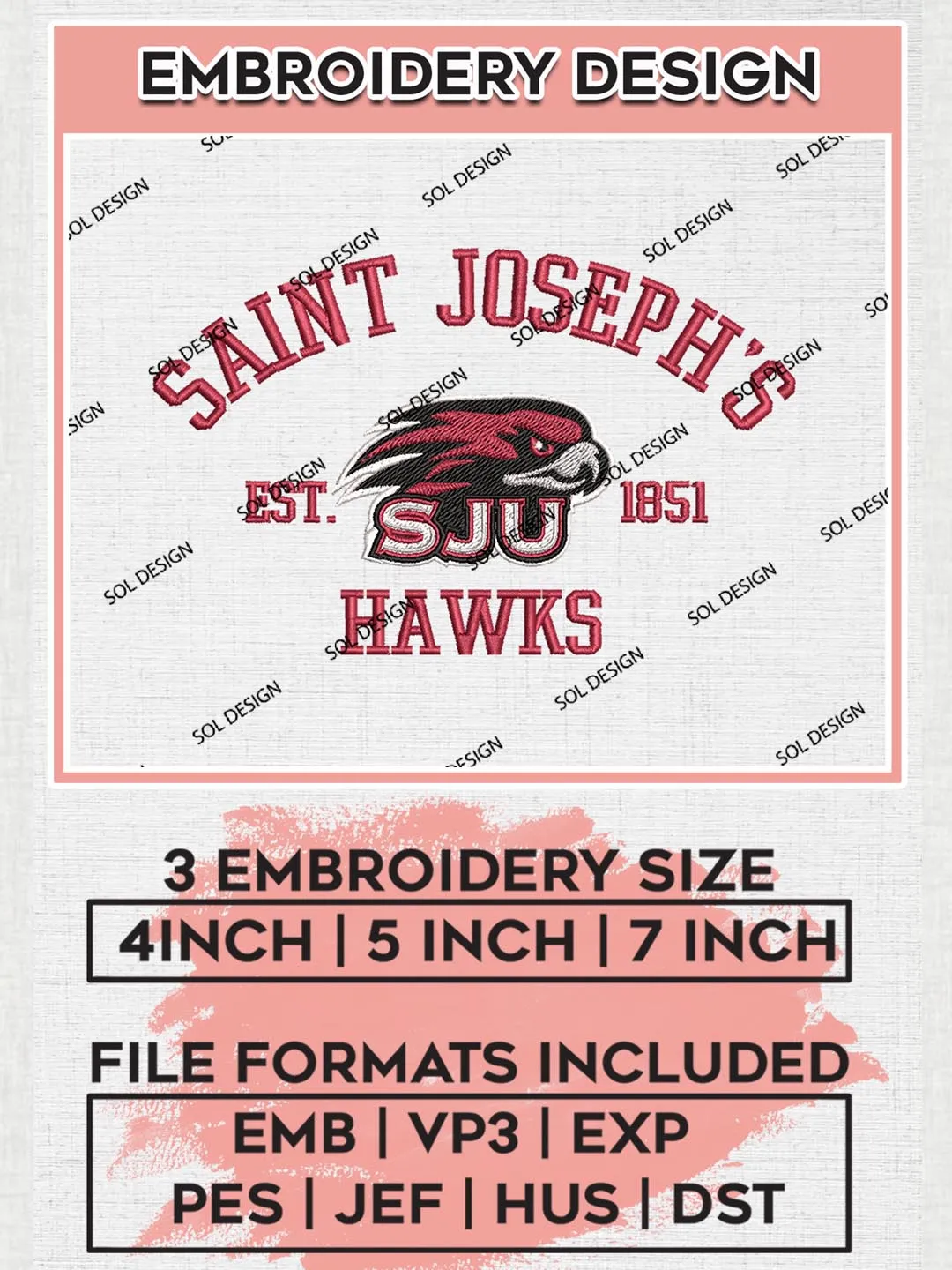 Saint Joseph's Hawks Est 1851 Logo Embroidery Designs, NCAA Saint Joseph's Hawks Team Embroidery, NCAA Team Logo, 3 sizes, Machine embroidery Files, Digital Download