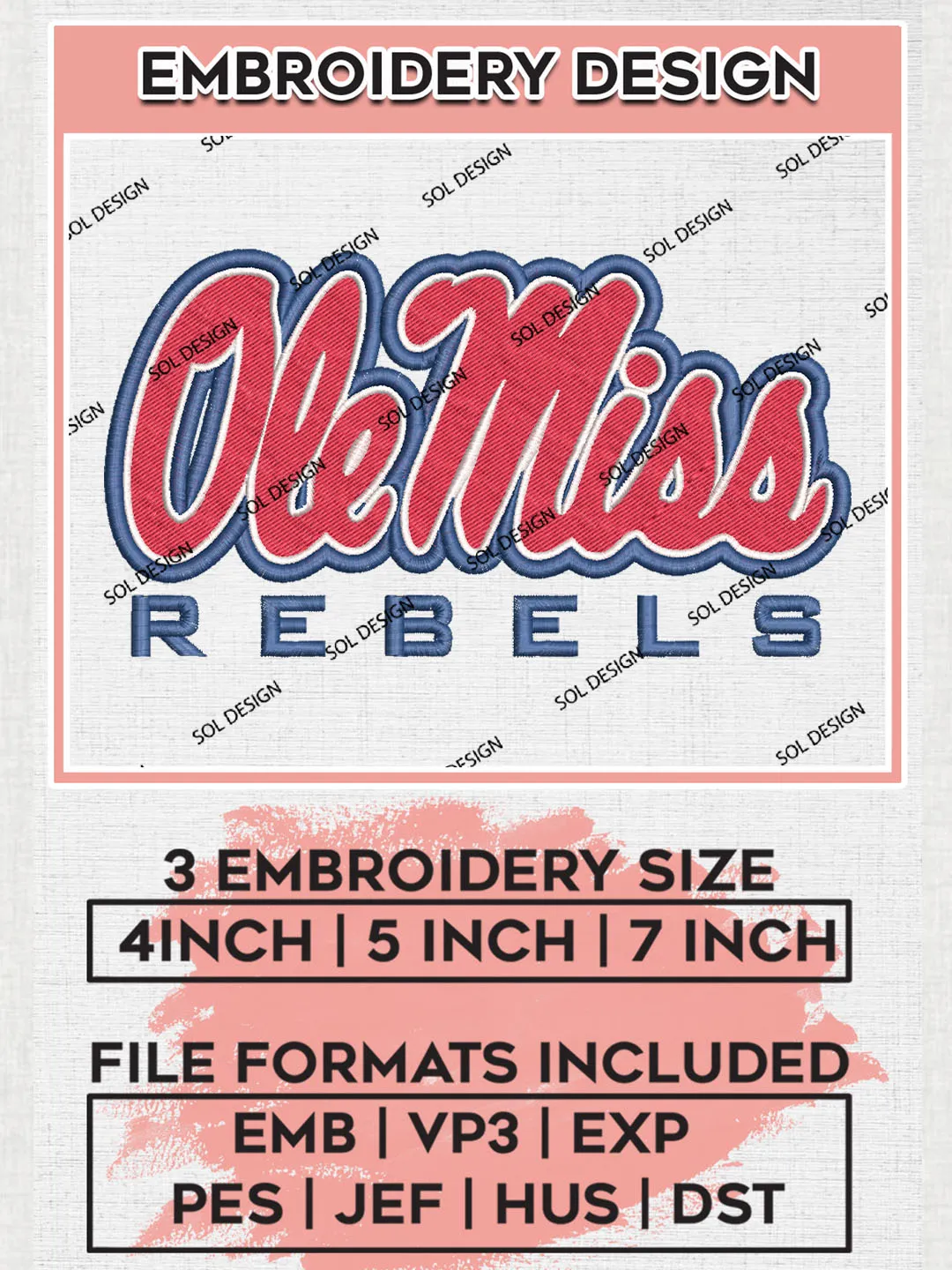 Ole Miss Rebels College Team Logo Embroidery Design Files, NCAA Ole Miss Rebels Machine Embroidery, NCAA Teams, 3 sizes, NCAA Machine embroidery designs, Digital Download