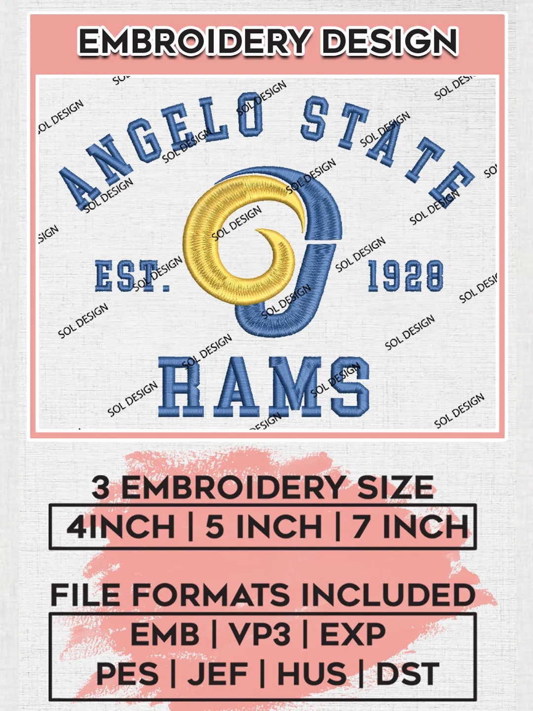 NCAA Angelo State Rams Est 1928 Logo Embroidery, NCAA Angelo State Rams Logo Embroidery files, NCAA Teams, Machine embroidery designs, Digital Download