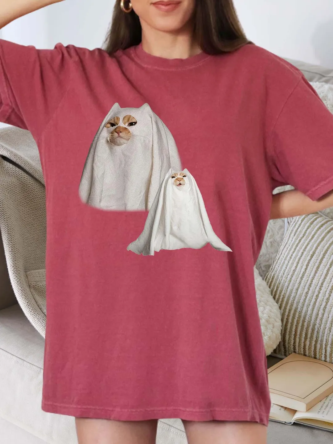 Comfort Colors Retro Ghost Kitten T-Shirt: Spooky Season Cat Lover Tee
