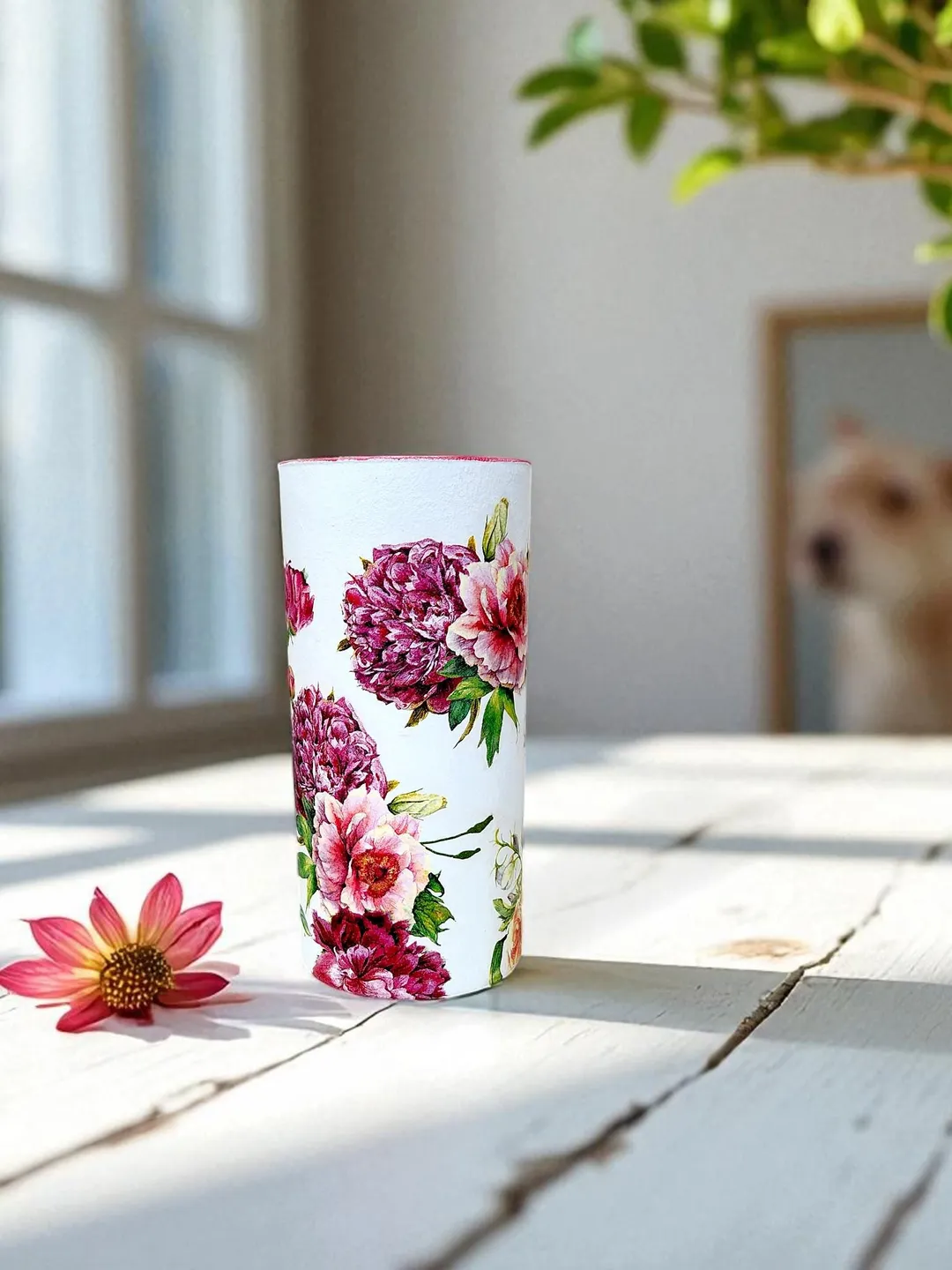 Painted Glass Rose Flower Vase Hand-Painted Floral Home Decor