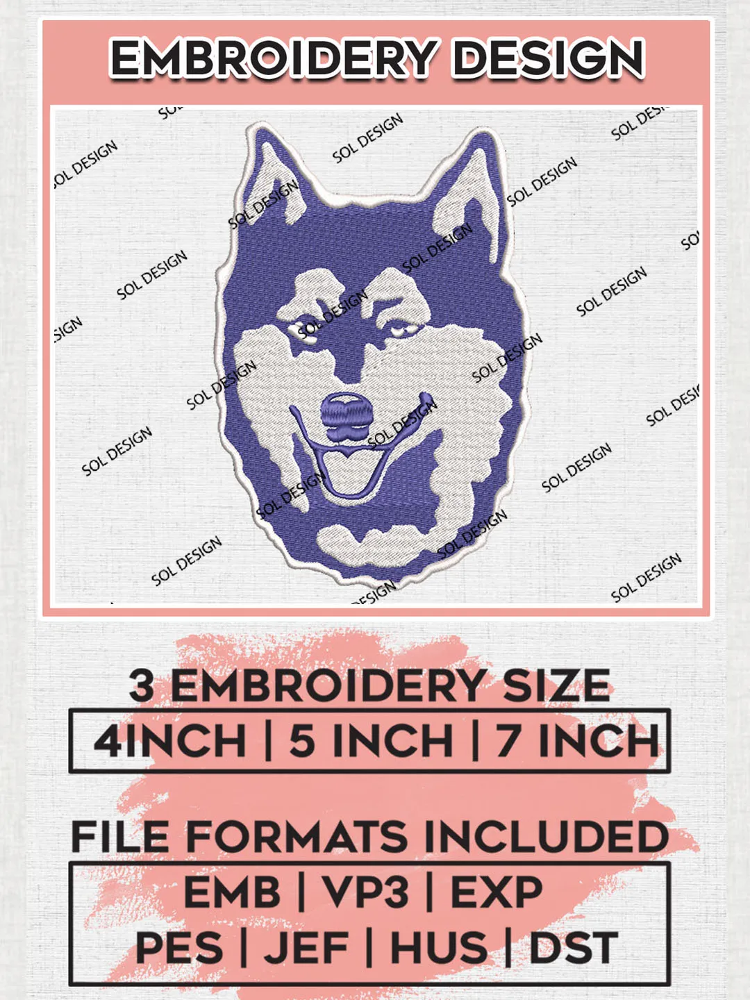 NCAA Washington Huskies Team Head Mascot Logo Embroidery Design Files, NCAA Washington Huskies Machine Embroidery, NCAA Teams, 3 sizes, NCAA Machine embroidery designs, Digital Download