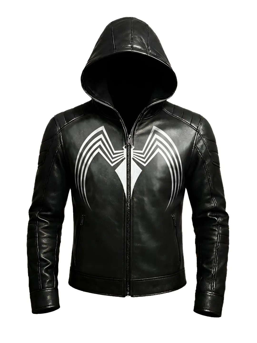Black Symbiote Style Leather Jacket Hoodie | Dark Hooded Leather