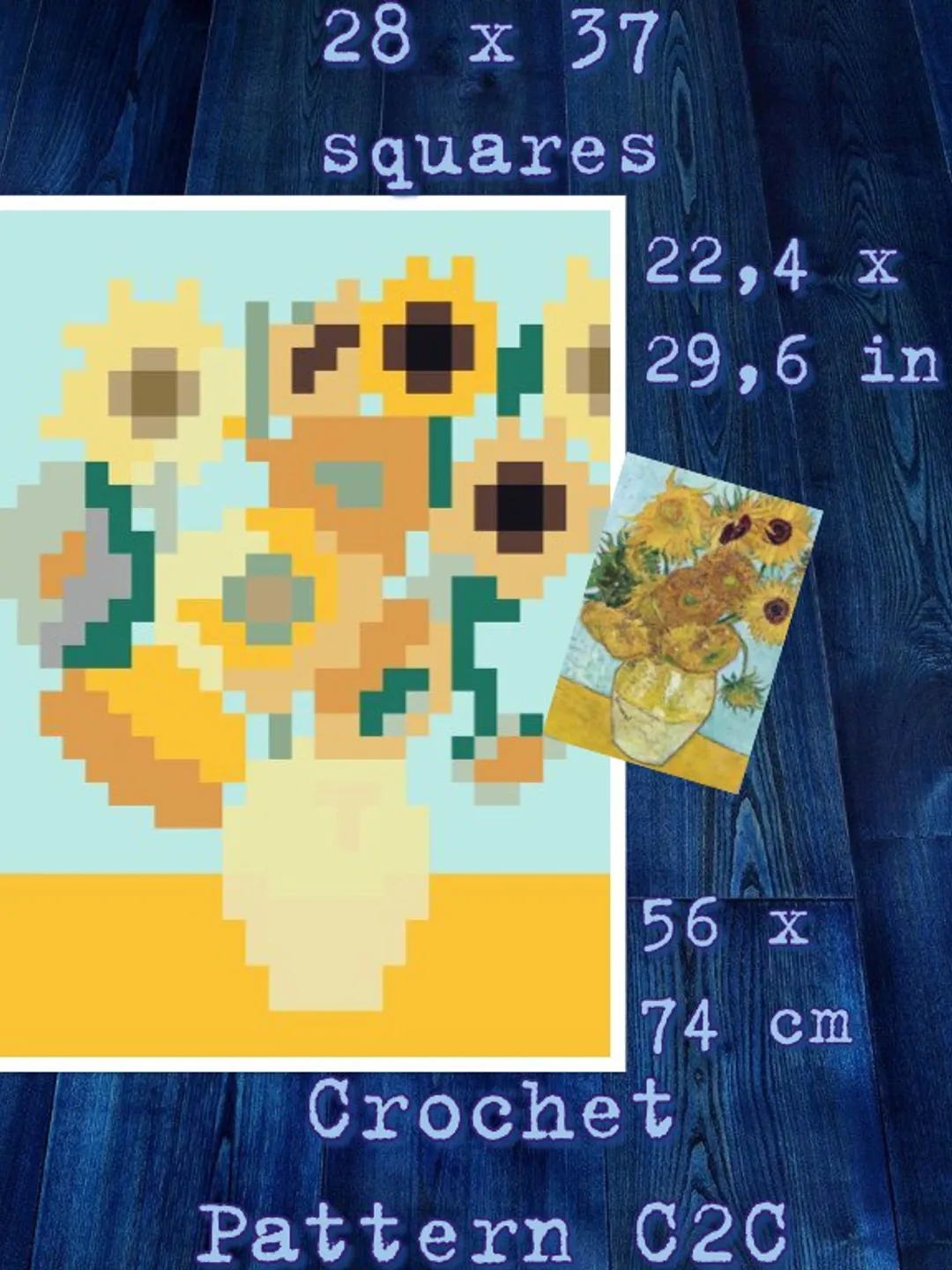 Crochet Pattern C2C Vintage Vincent Van Gogh Sunflowers Counted For Crocheting Pillow Home Decor Wall Decor Digital Download PDF