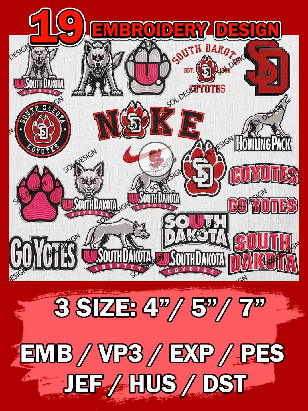 19 NCAA South Dakota Coyotes Bundle Embroidery Files, NCAA South Dakota Coyotes Team Bundle Embroidery Designs, NCAA Teams, National College Football Team 3 sizes, NCAA South Dakota Machine Embroidery, Digital Download