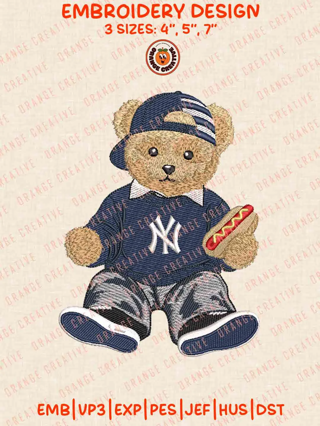 MLB New York Yankees Teddy Bear Hot Dog Embroidery Files, MLB Yankees Embroidery Design, Machine Embroidery Design File, 4 Sizes, Custom Size, Digital Download