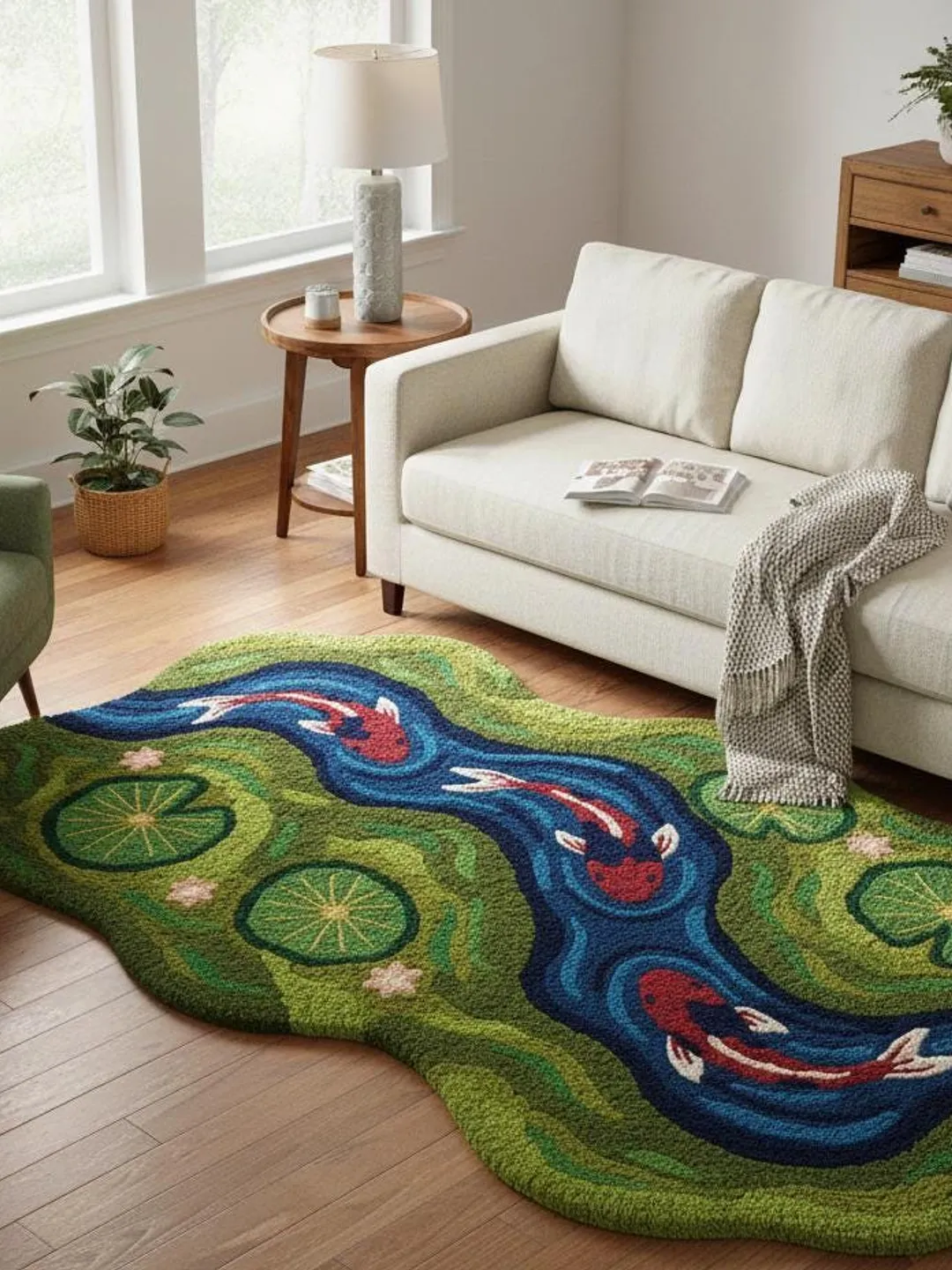 Pond Colors Rug Koi Fish Pond Shaped Area Rug Nature Inspired Japanese Style Carpet for ...
