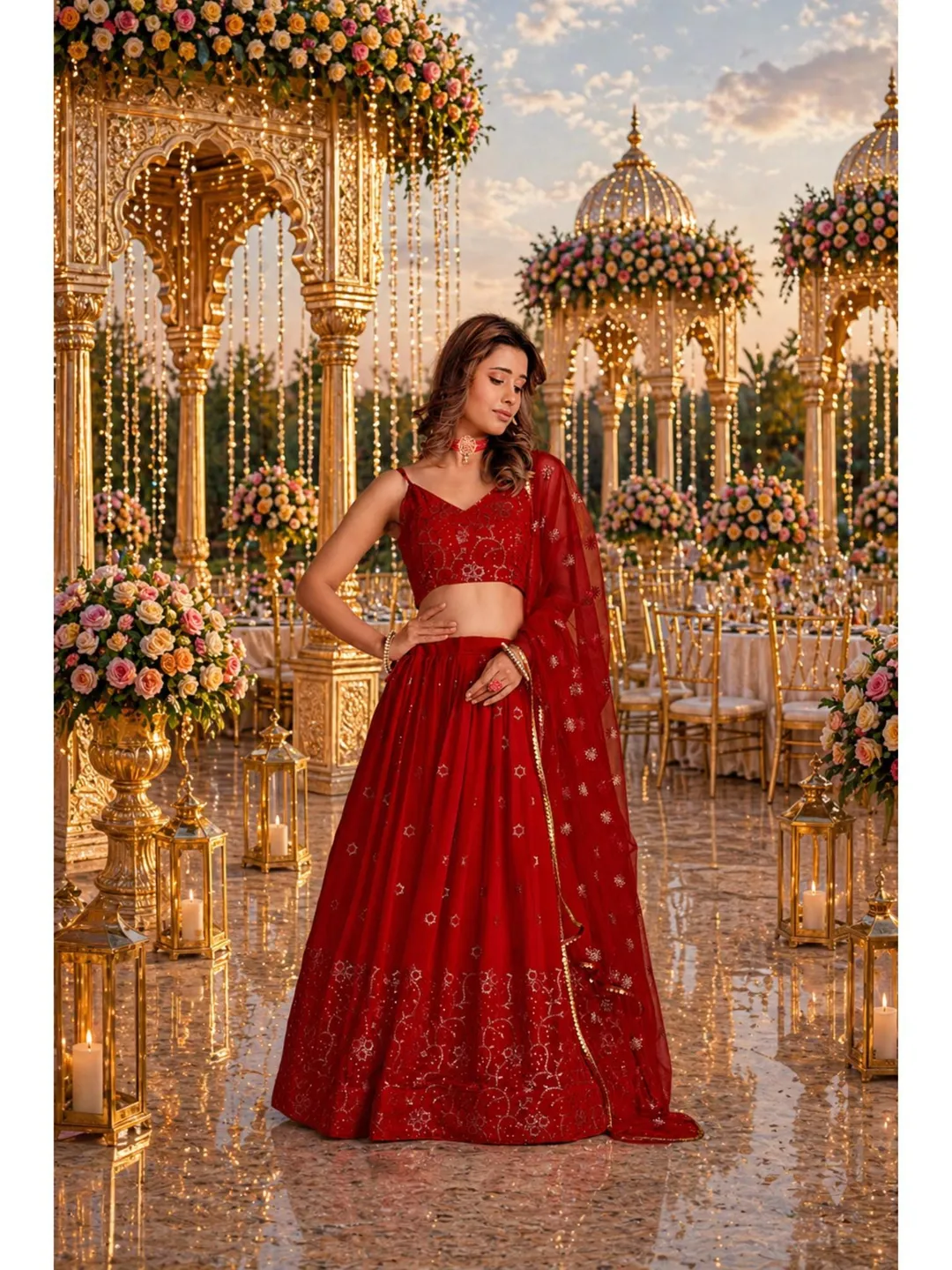 Red Georgette Lehenga Choli For Women: Sequin Embroidery Indian Wedding Wear Ready To Wear