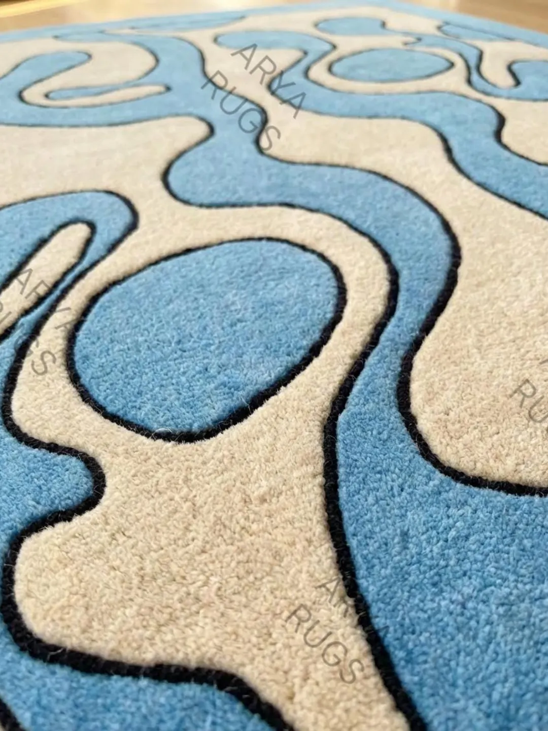 Modern Sky Blue and Cream Abstract Wavy Hand Tufted Area Rug with Black ...