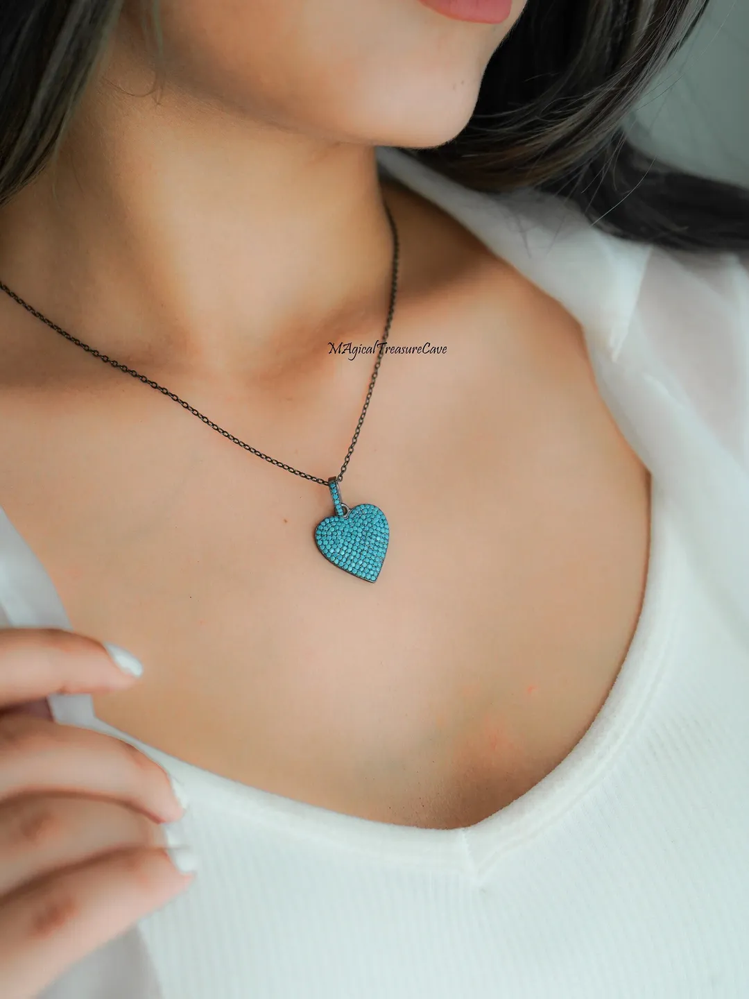 Heart Necklace, Silver Necklace, Nano Turquoise Heart, Dainty Jewelry Style, Gift for Women, Girlfriend Gift, Love Jewelry