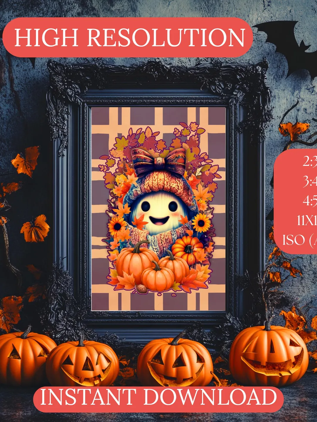 Cute Fall Ghost Wall Art Cozy Autumn Pumpkin Printable Halloween ...
