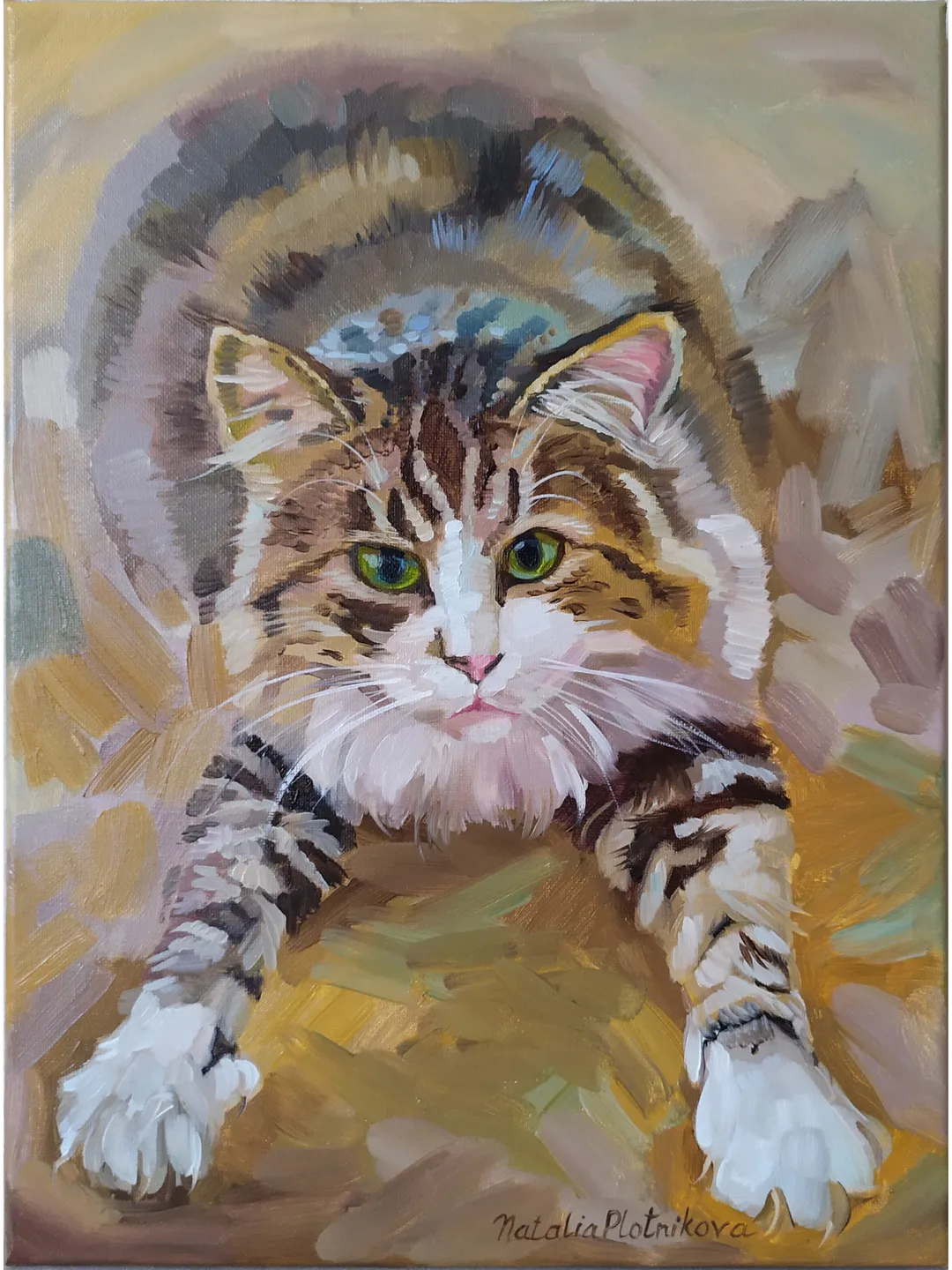 Cat painting Animal Original Art Tabby Cat Artwork fine art  Ctriped Pet canvas art oil painting by Natalia Plotnikova