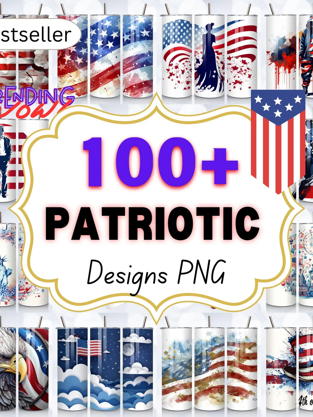 Partiotic Designs Patriotic USA Flag Tumbler Wrap Designs | 20oz Skinny PNG (Digital ...