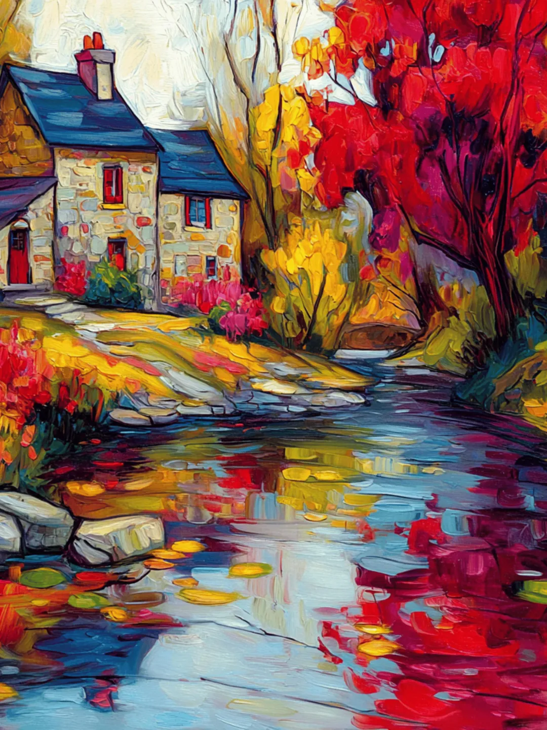 Autumn Landscape Printable Wall Art: Cottage & River Scenes (PNG Set