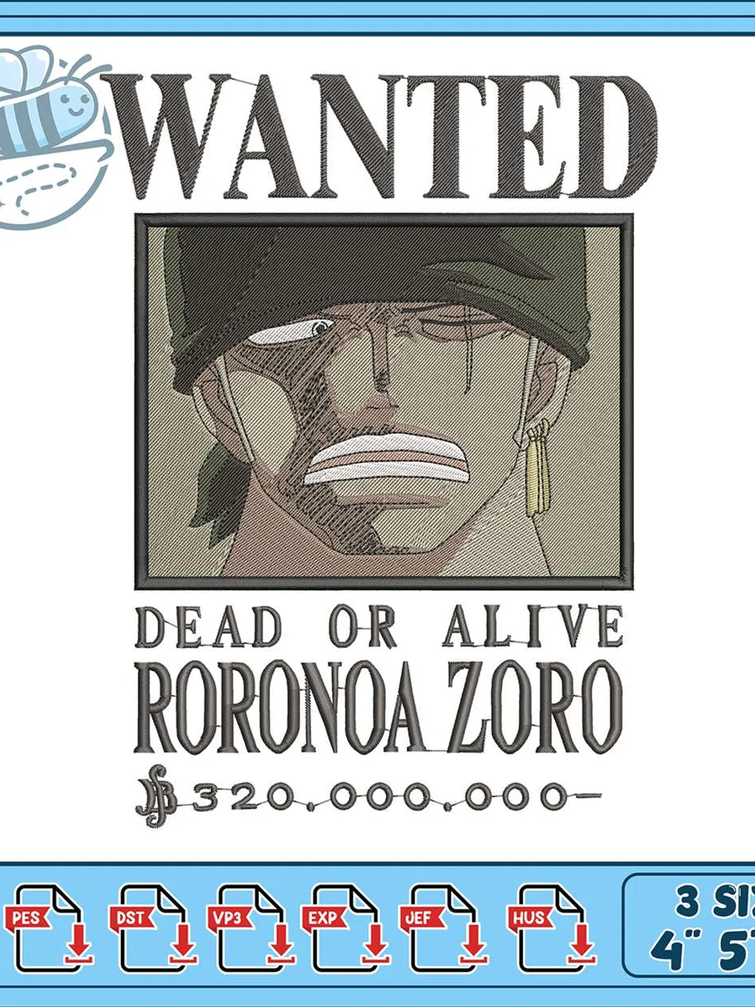 Roronoa Zoro Wanted Poster Embroidery Design, One Piece Anime