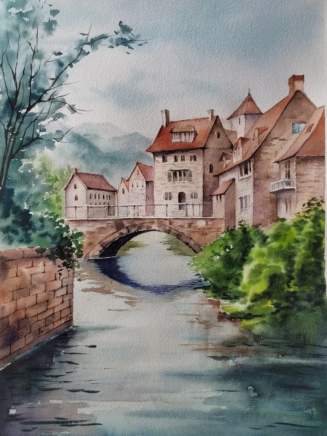 Original Watercolor Painting English Landscape Art CozyTown Artwork 30x40 cm by SoftWaves