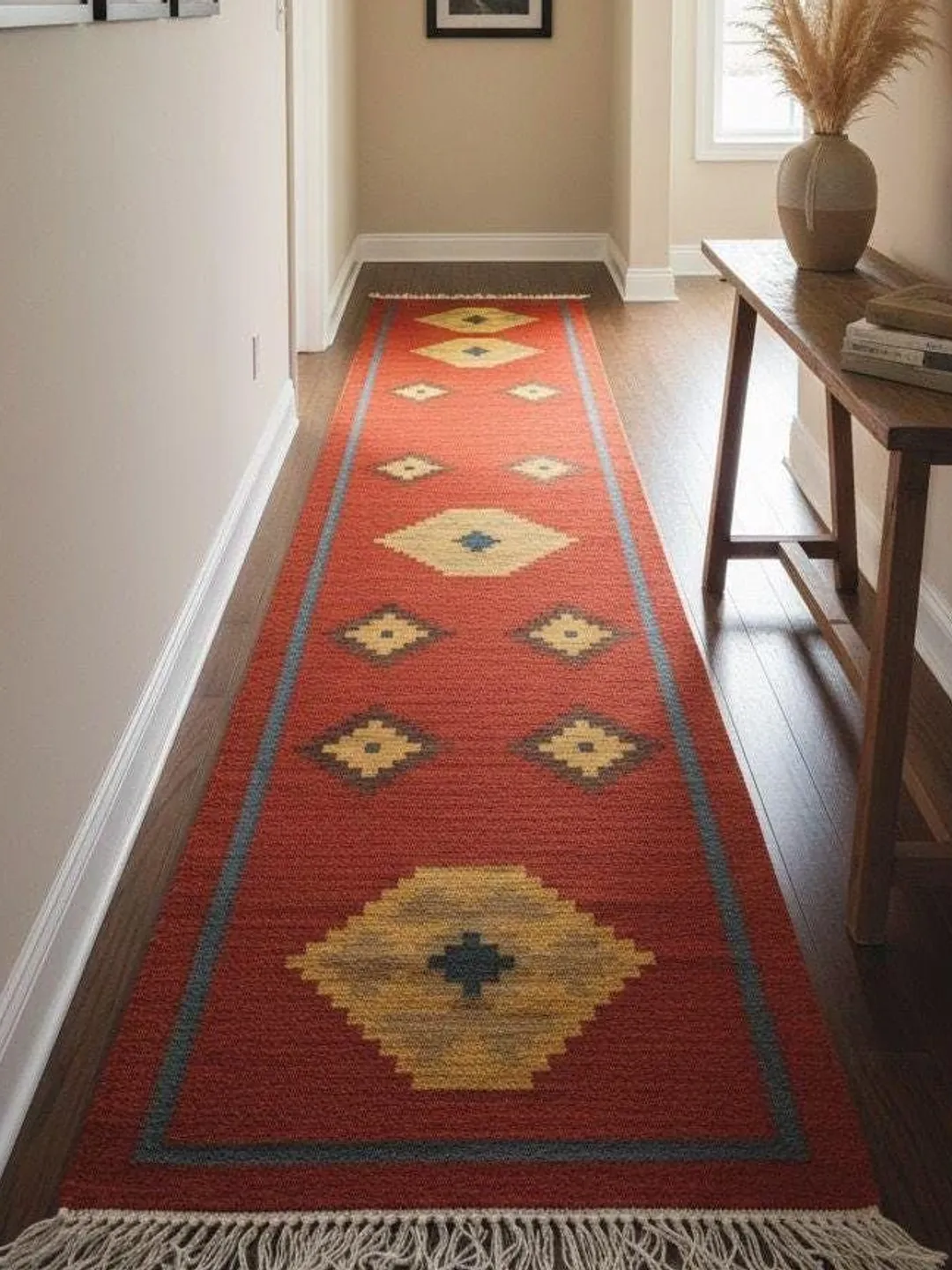 Handmade Green Wool Kilim Rug: Bohemian Geometric Area Carpet