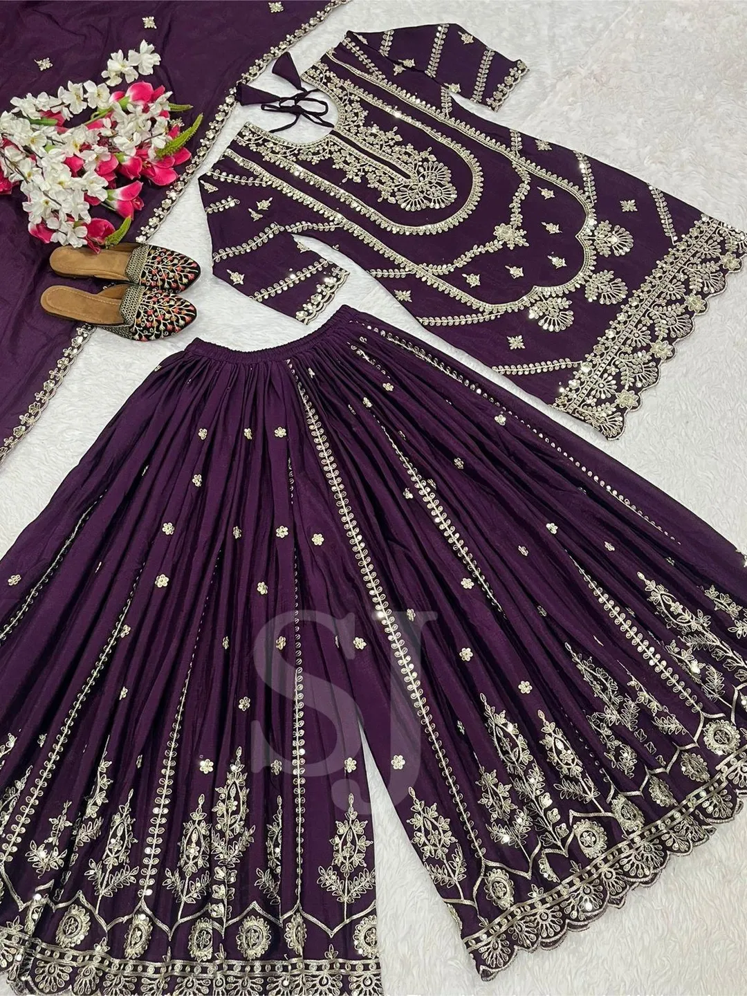 Silk Salwar Kameez Readymade Suit Set, Indian Designer Palazzo Kurta Set With Dupatta Set, 3 Piece Combo Set, Fully Stitched Salwar Suit Set