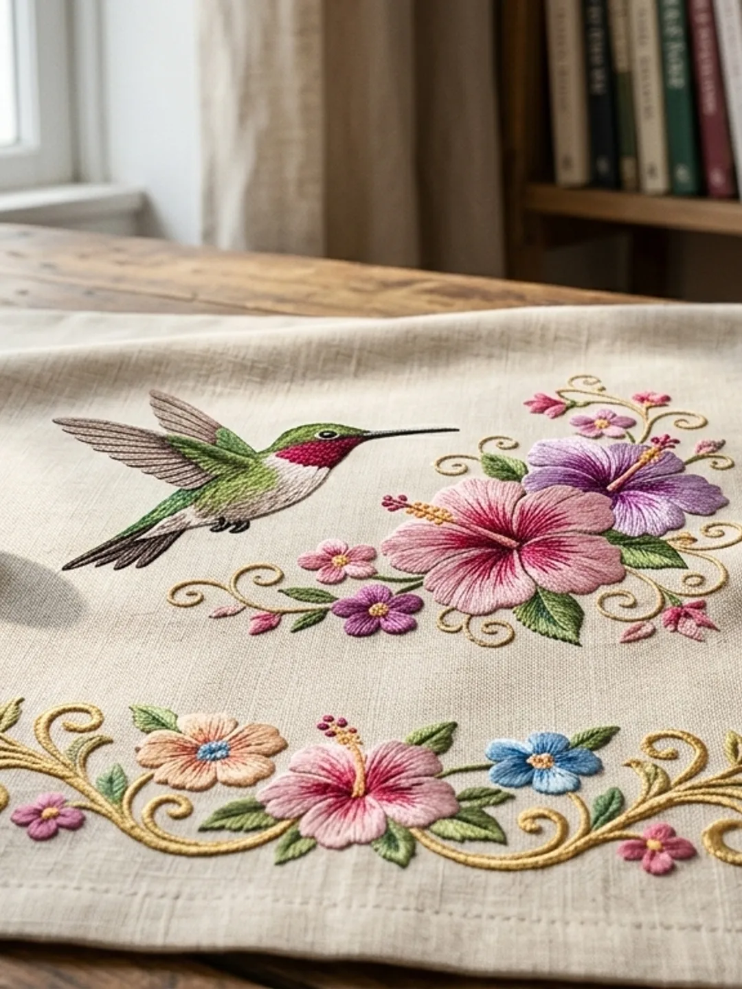 Vintage Hummingbird Flower Embroidery