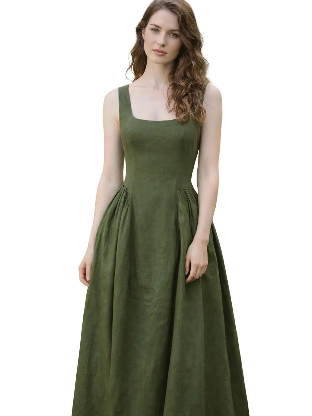 olive green boho dress Olive Green Boho Midi Dress: Sleeveless V-Neck Summer Festival Outfit
