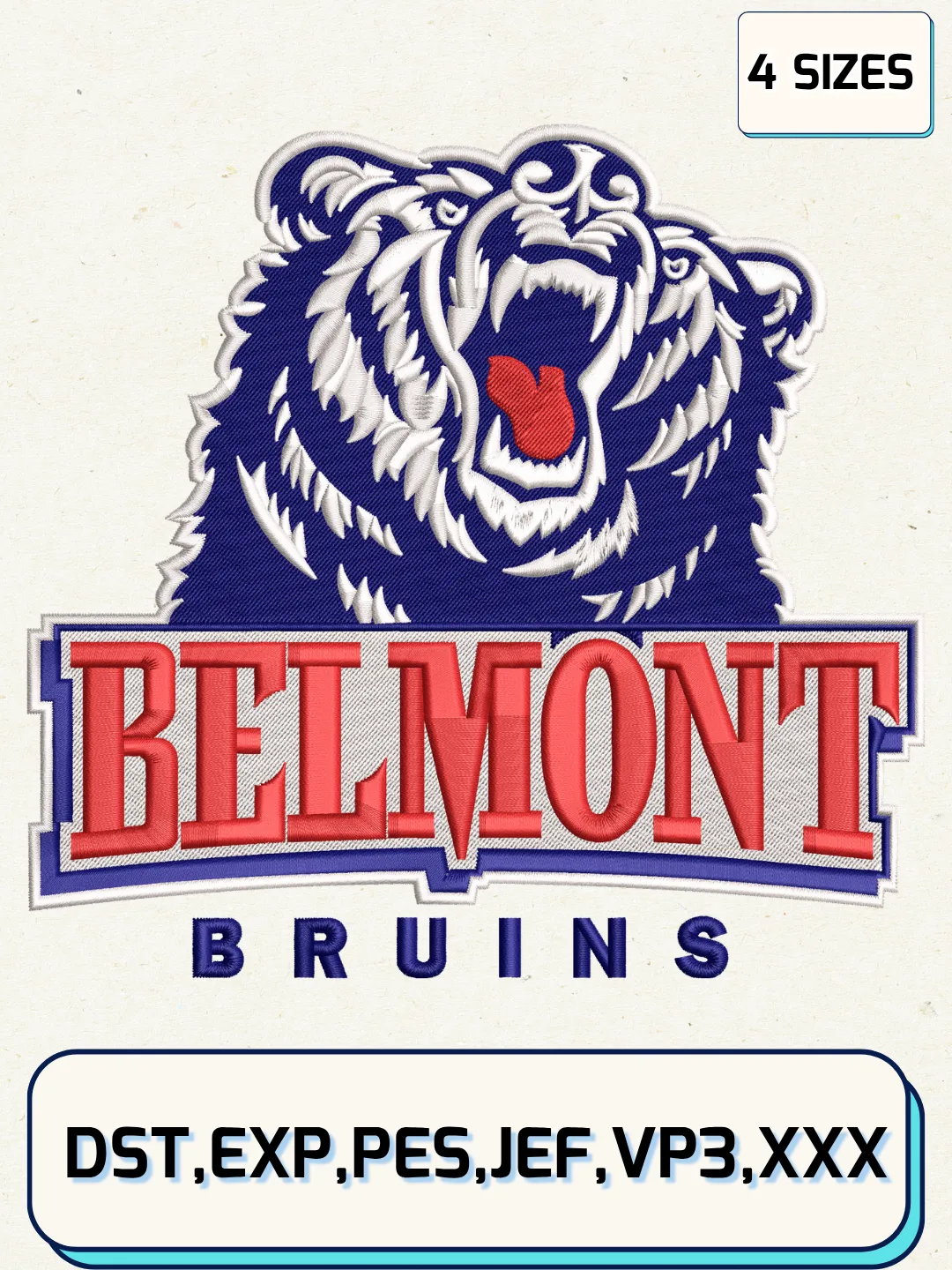 Belmont Bruins Logo Embroidery Design Files, NCAA Logos Embroidery Designs, Machine Embroidery Files, 4 Sizes