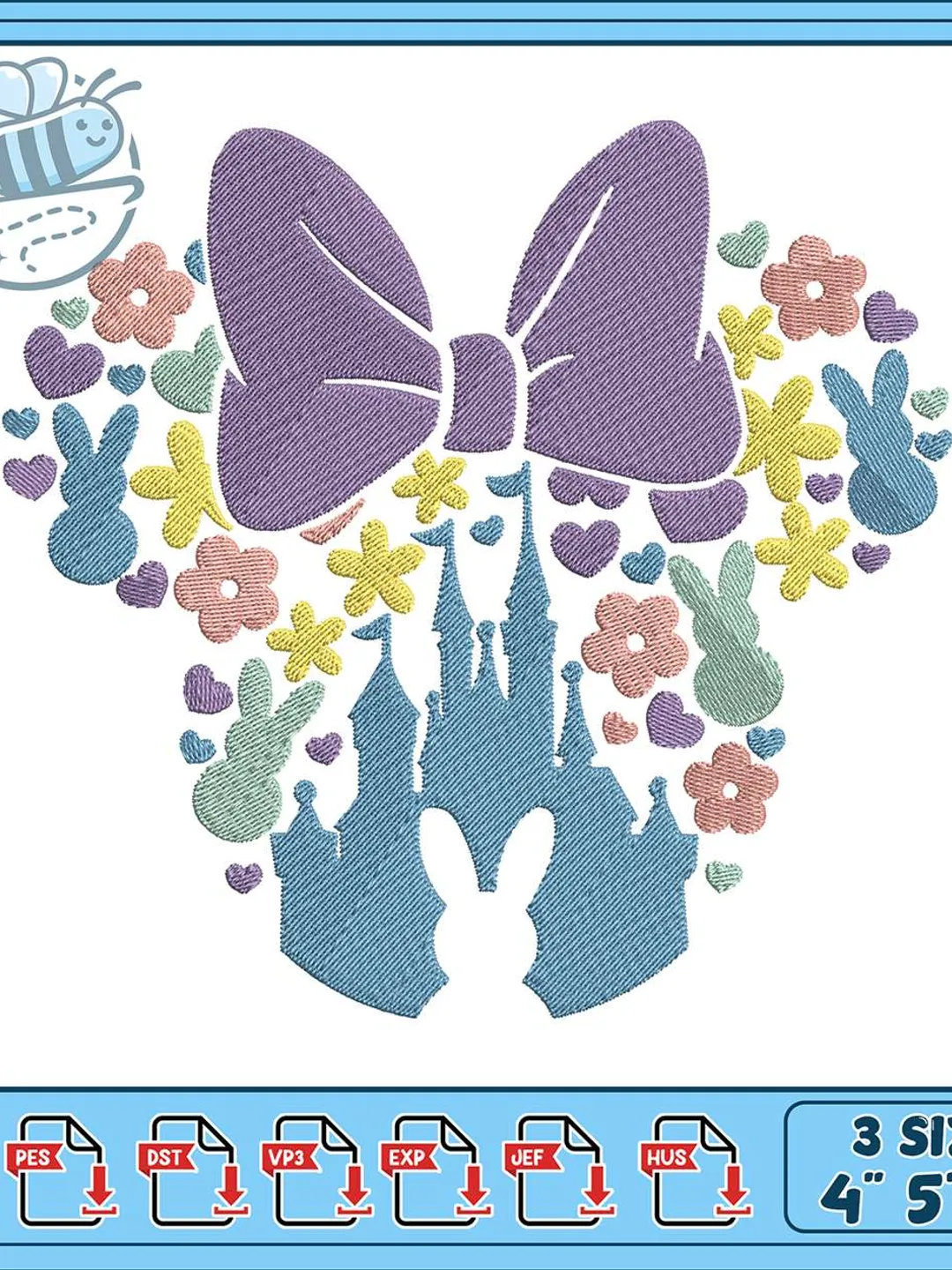 Minnie Mouse Easter Embroidery Design, Disney Castle Floral Bow Machine Embroidery File, Spring Bunny Pastel Instant Download
