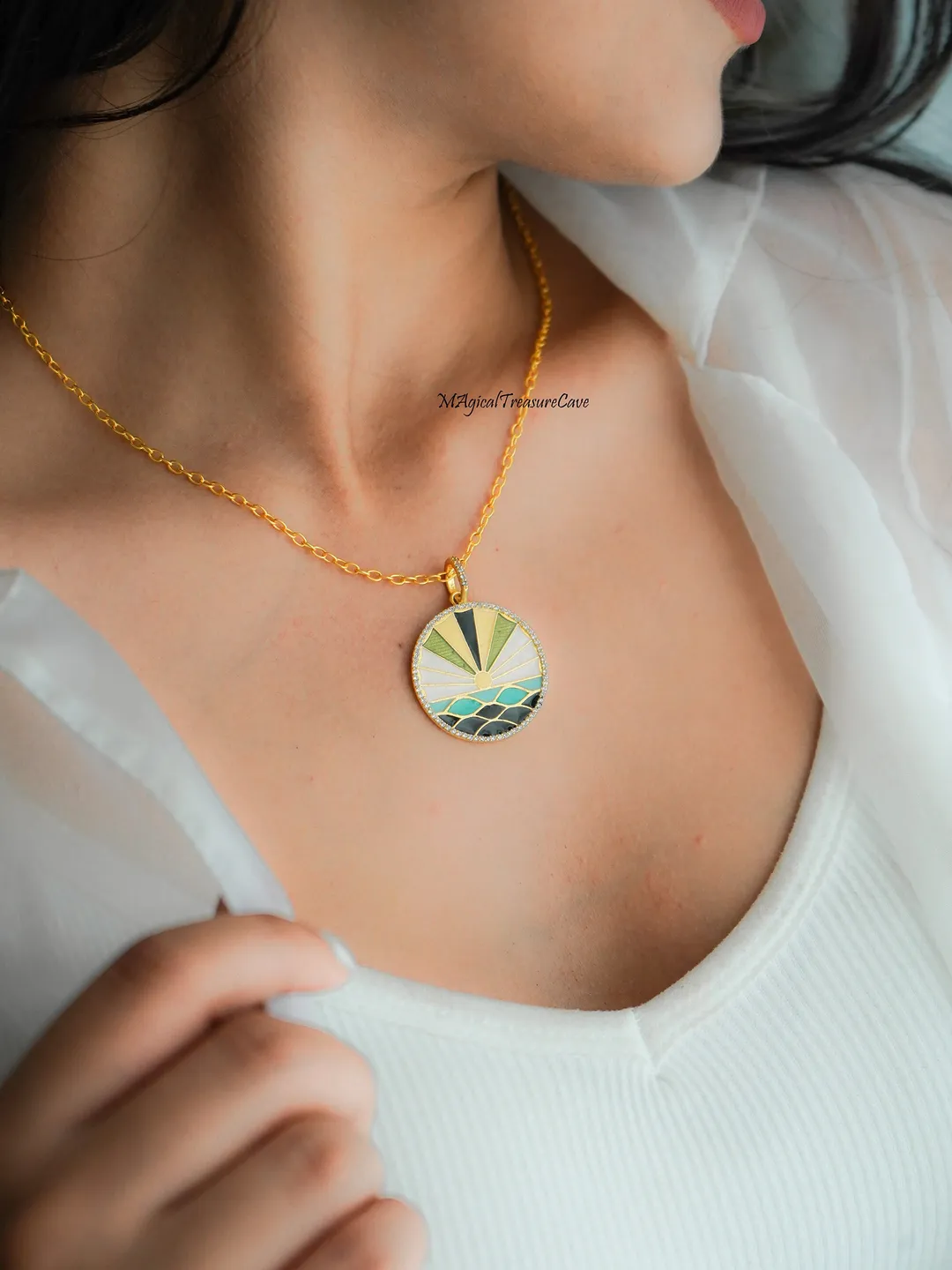 CZ Multi Color Enamel Necklace, 925 Sterling Silver Pendant, Enamel Necklace, Gold Plated CZ Pendant, Dainty Necklace Gift for her