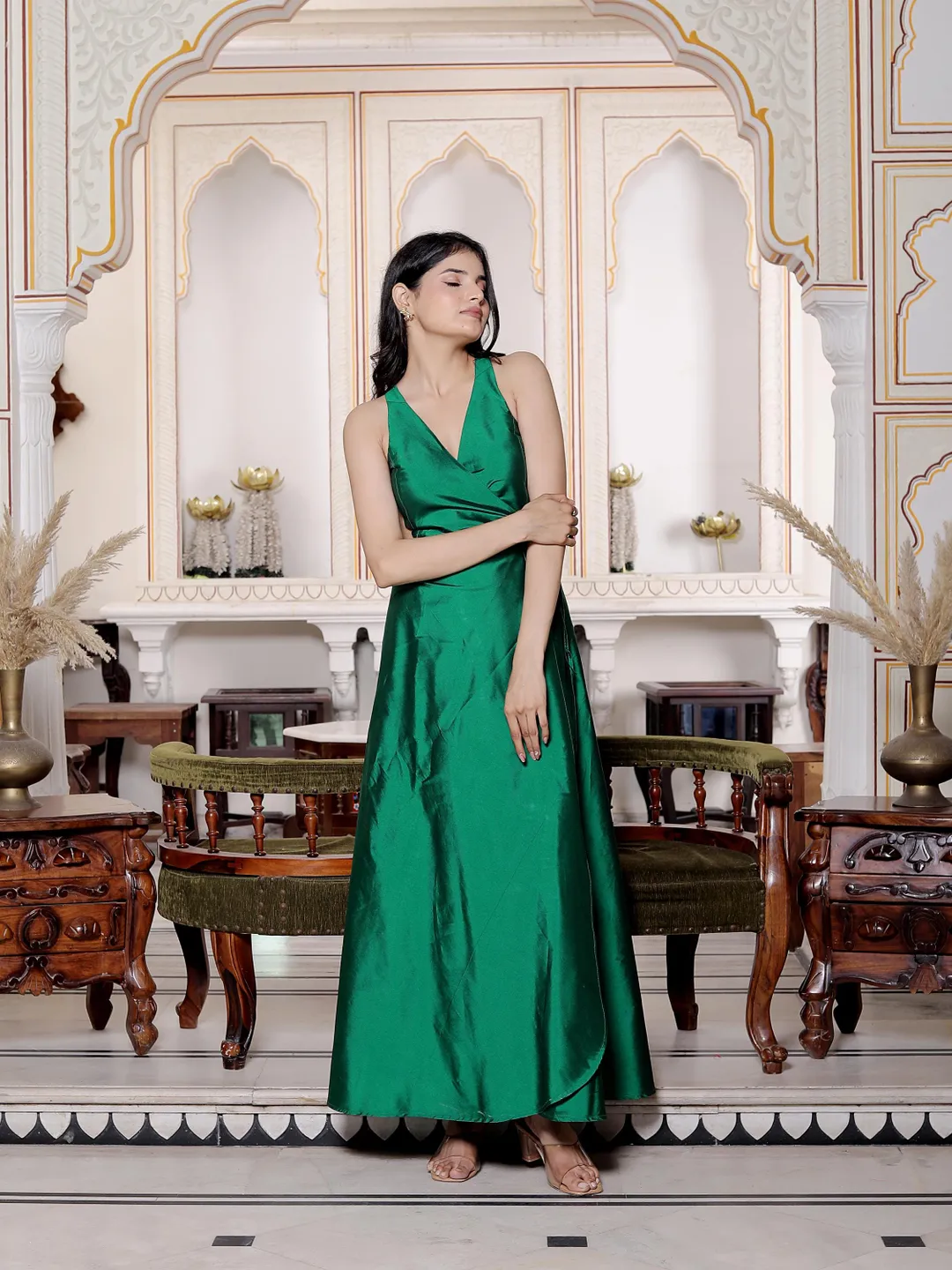 Emerald Green Taffeta Maxi Dress for Women, Backless Wrap Gown, Sleeveless  Evening Party Dress, Wedding Guest Outfit