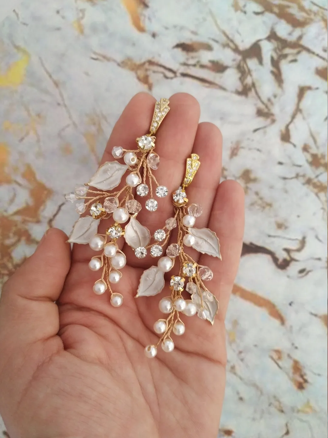 Pearl Rose Gold Wedding Earrings Swarovski Crystal Wedding Earrings Chandelier Earrings Bohemian Floral Leaf Bridal Earrings Long Earrings