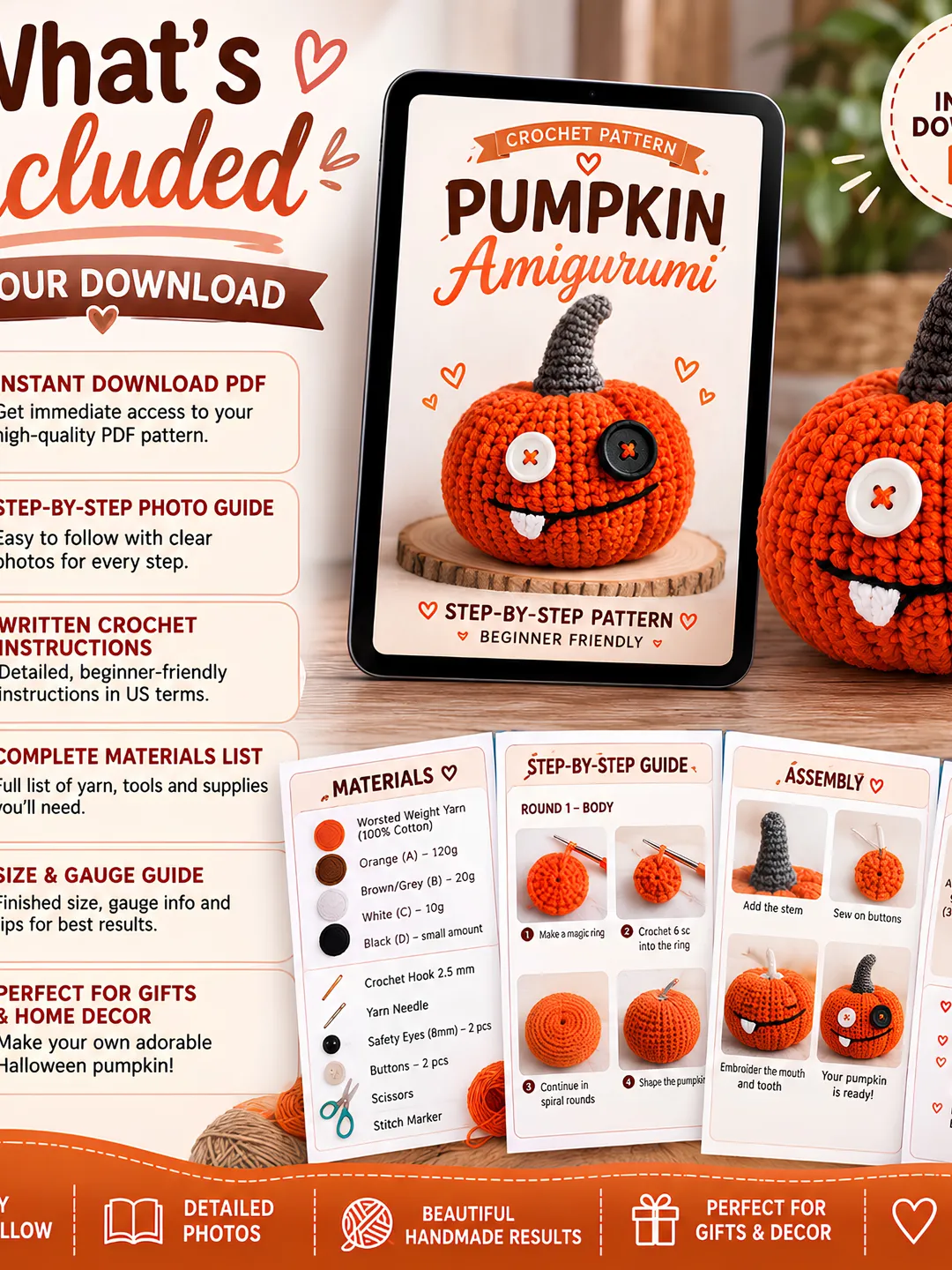 Pumpkin Amigurumi Crochet Pattern PDF, Halloween Pumpkin Pattern, Crochet Plush Toy Tutorial, Easy Pumpkin Doll, DIY Fall Decor