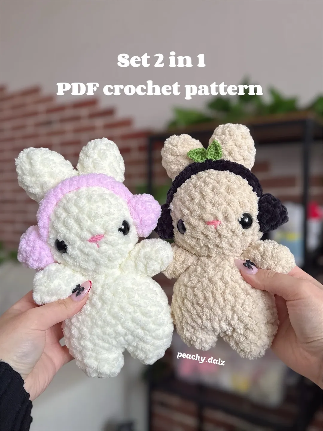 Crochet pattern set 2 in 1, wither bunny with headphones and scarf