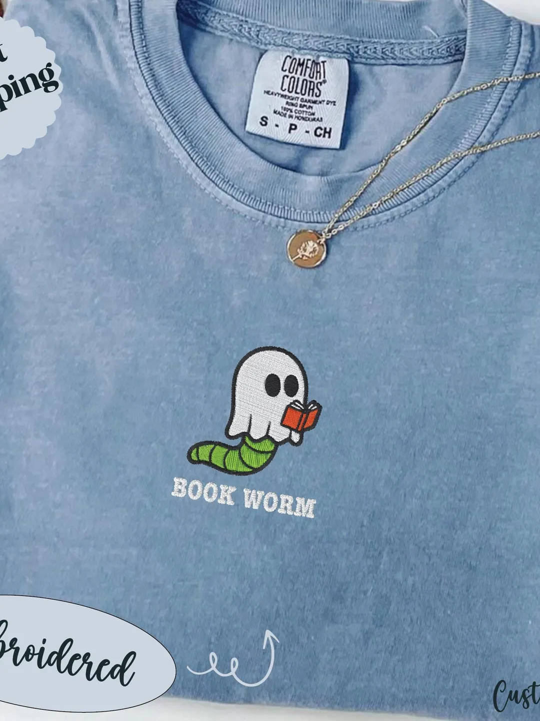 Funny Embroidered Ghost Bookworm T-Shirt: Reader Librarian Gift