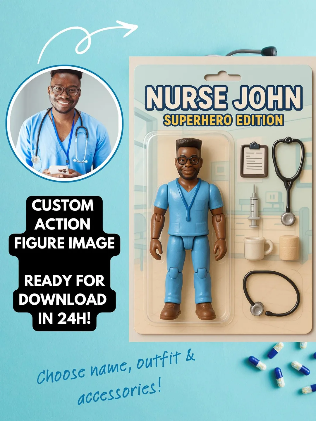 Personalized Male Nurse Action Figure Portrait: Custom Digital Gift (PNG, PDF)