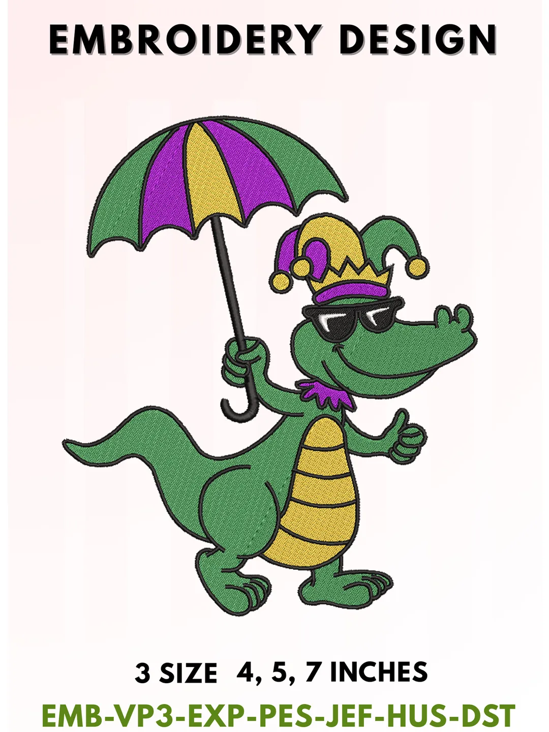 Mardi Gras Alligator Embroidery Design, Funny Gator With Umbrella Carnival Machine Embroidery File, Cute Cartoon Gator Pattern