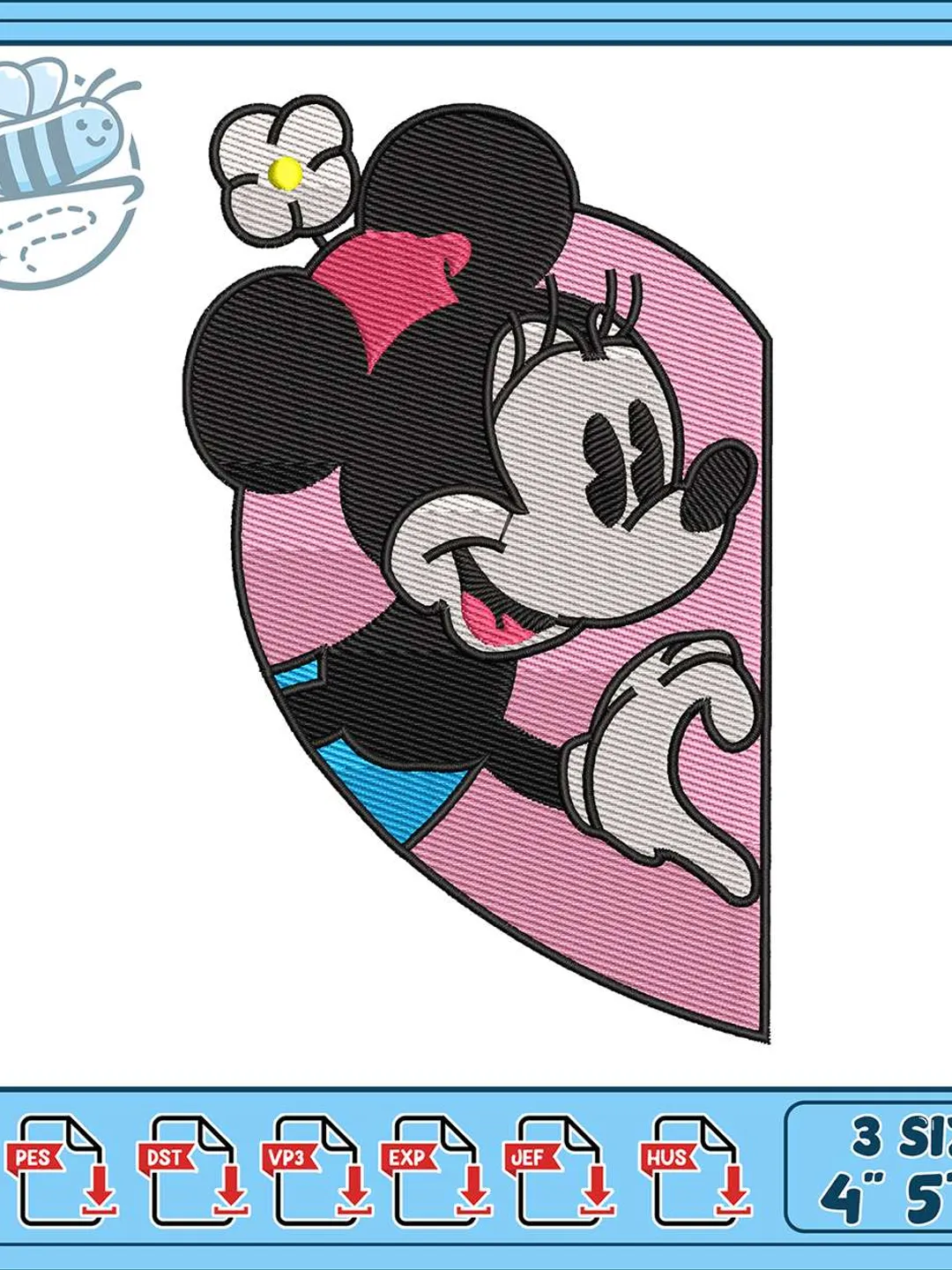 Minnie Mouse Heart Embroidery Design, Cute Peek Pink Heart Machine Embroidery File, Flower Bow Girl Character Instant Download