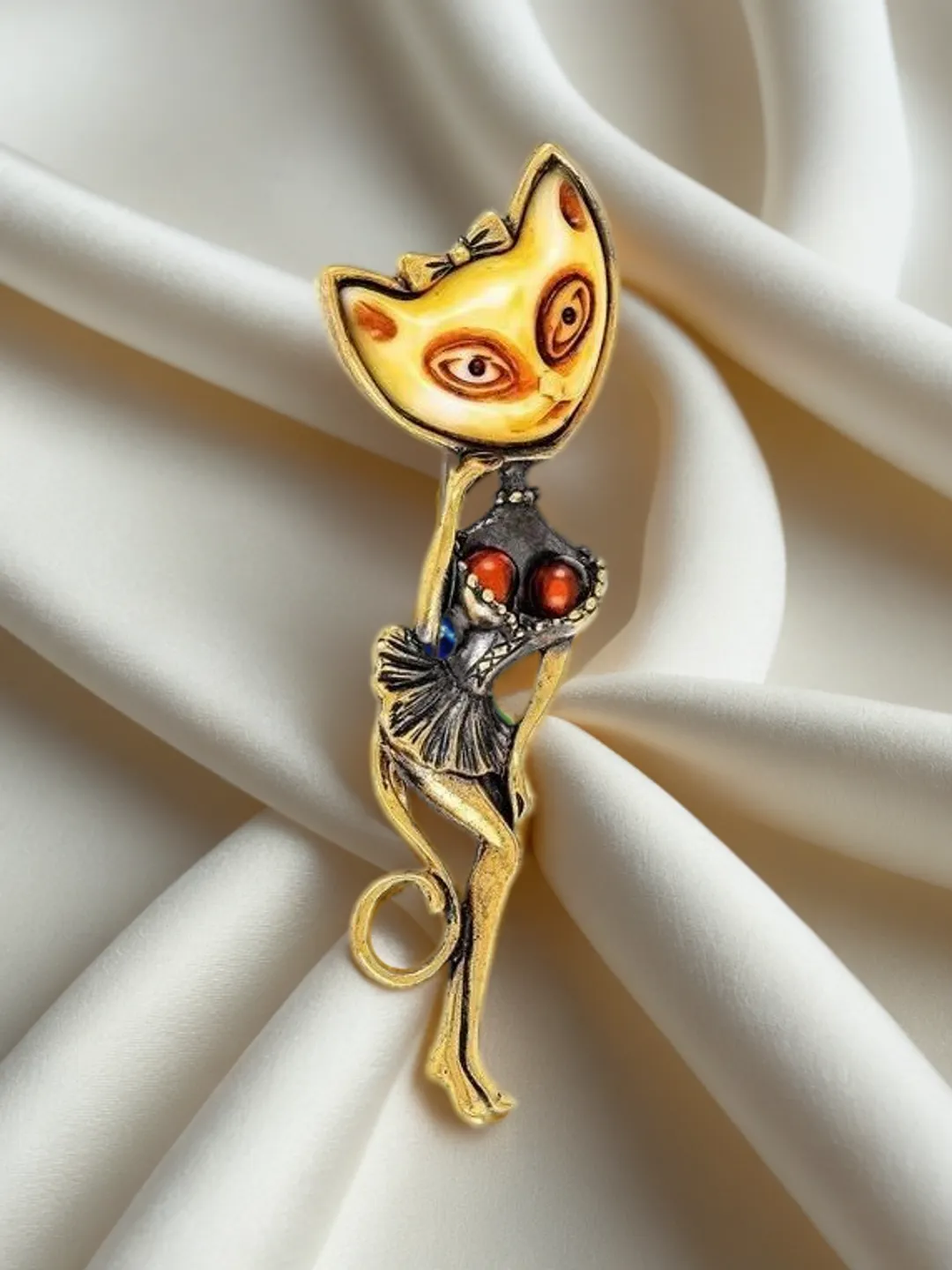 Lady Cat Brooch Unique Animal jewelry Large Long brooch Holiday Gift for girlfriend, women Elegant Statement jewelry vintage style