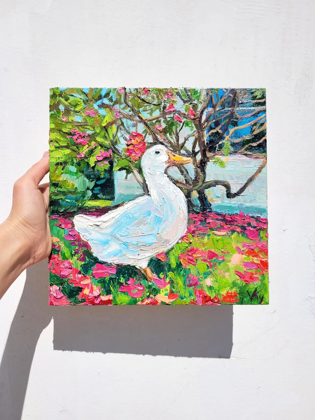 Duck Painting Magnolia Painting Original Art Impasto Oil Painting 10x10 Animal Painting Landscape Painting Magnolia Tree Art Birthday Gift by ArtFromVictoria