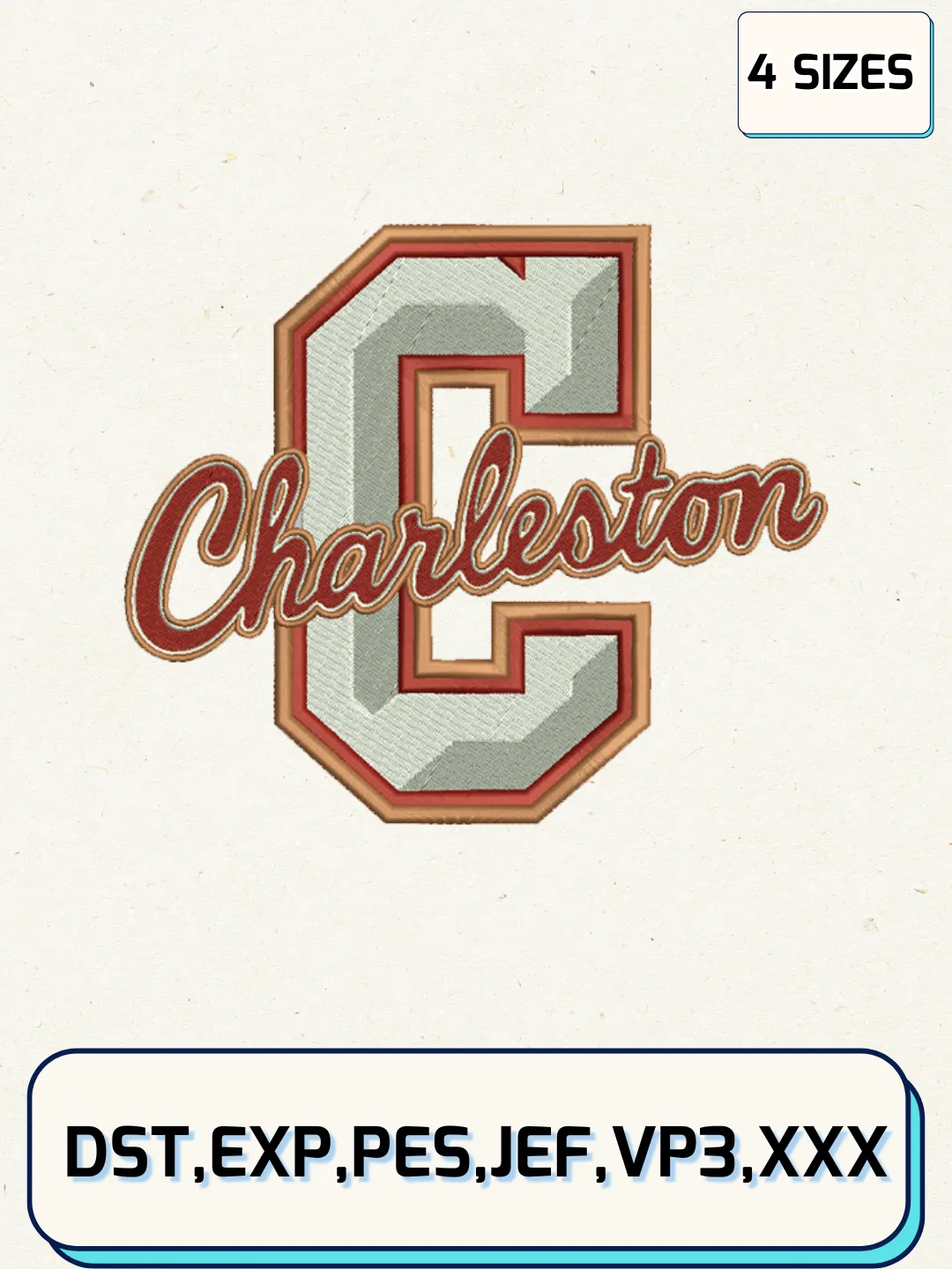 College of Charleston Cougars Logos Embroidery Design Files, NCAA Logos Embroidery Designs, Machine Embroidery Files, 4 Sizes