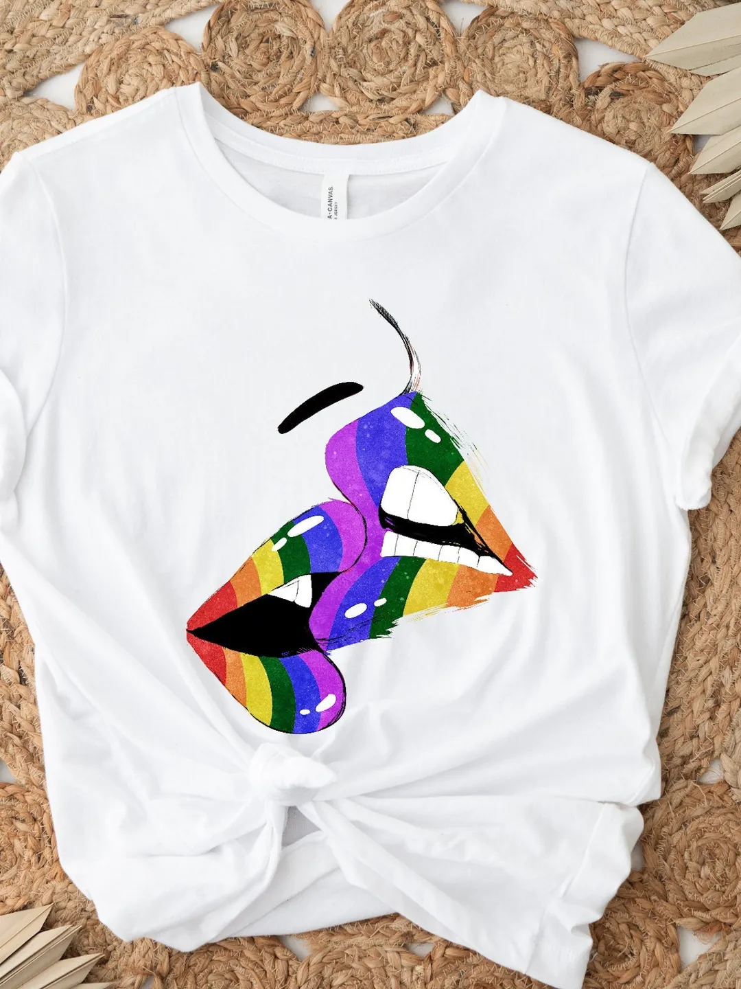Lesbian Pride Tee, Pink Tie Dye, Kiss Graphic (Soft Cotton Blend)