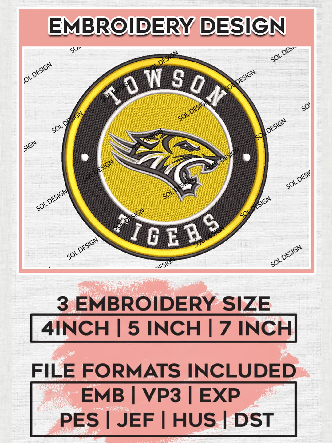 NCAA Towson Tigers Round Logo Embroidery, NCAA Towson Tigers Logo Embroidery files, NCAA Teams, Machine embroidery designs, Digital Download
