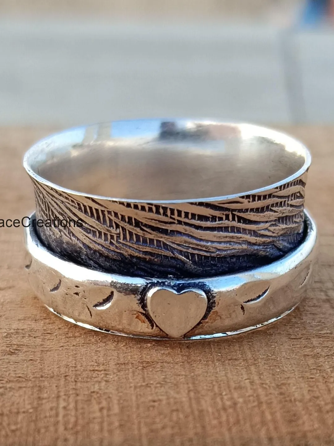 Handmade Sterling Silver Heart Spinner Ring, Meditation Band
