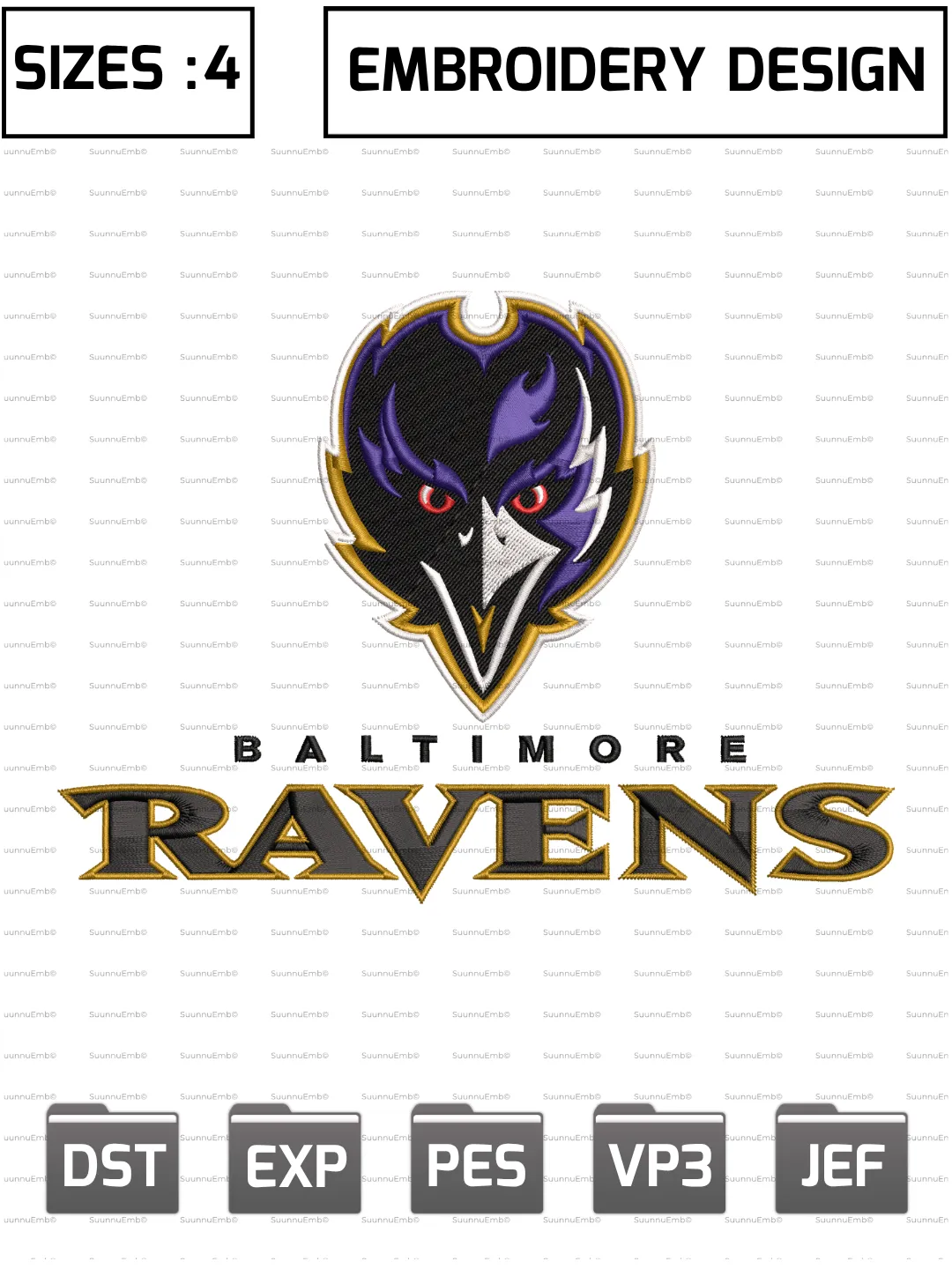 Baltimore Ravens Logo Embroidery Design,NFL Logos Embroidery Design,NFL Teams, Machine Embroidery Design File,4 Sizes, Digital Download